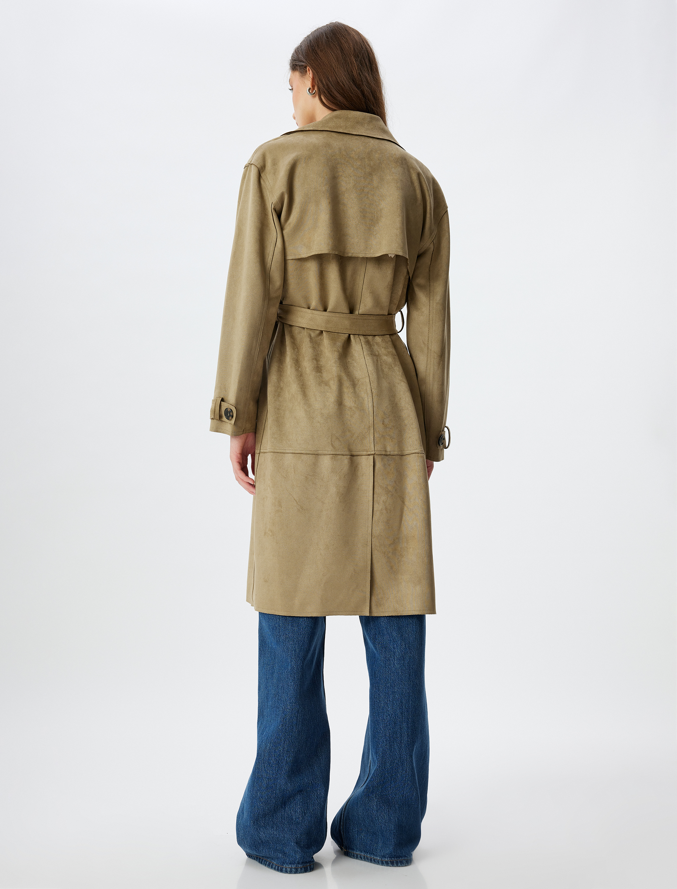   Uzun Suni Süet Trençkot Kruvaze Cepli Arkası Rüzgar Kapaklı