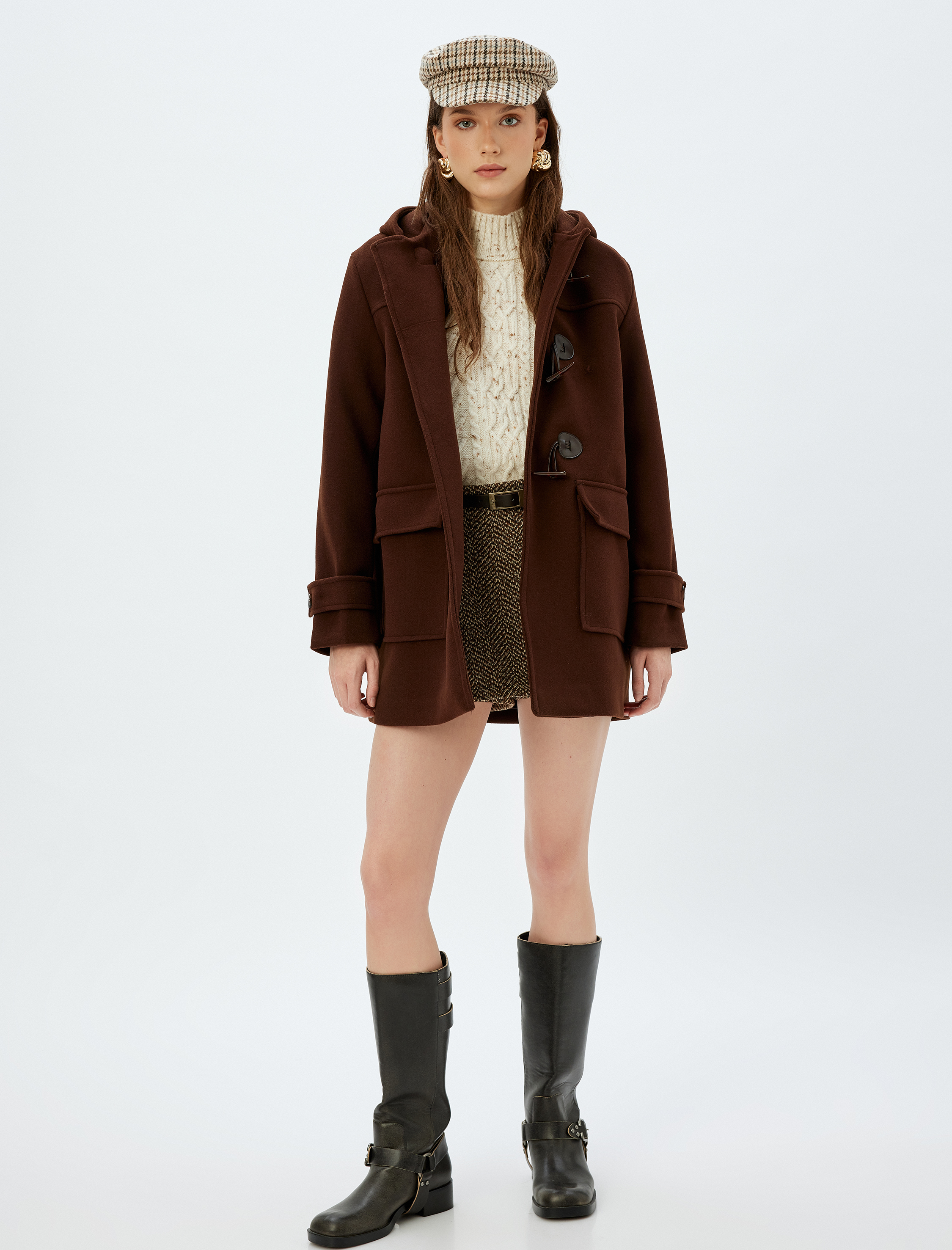   Koton X Sima Tarkan - Toka Kapamalı Cepli Kapüşonlu Kaşe Kaban