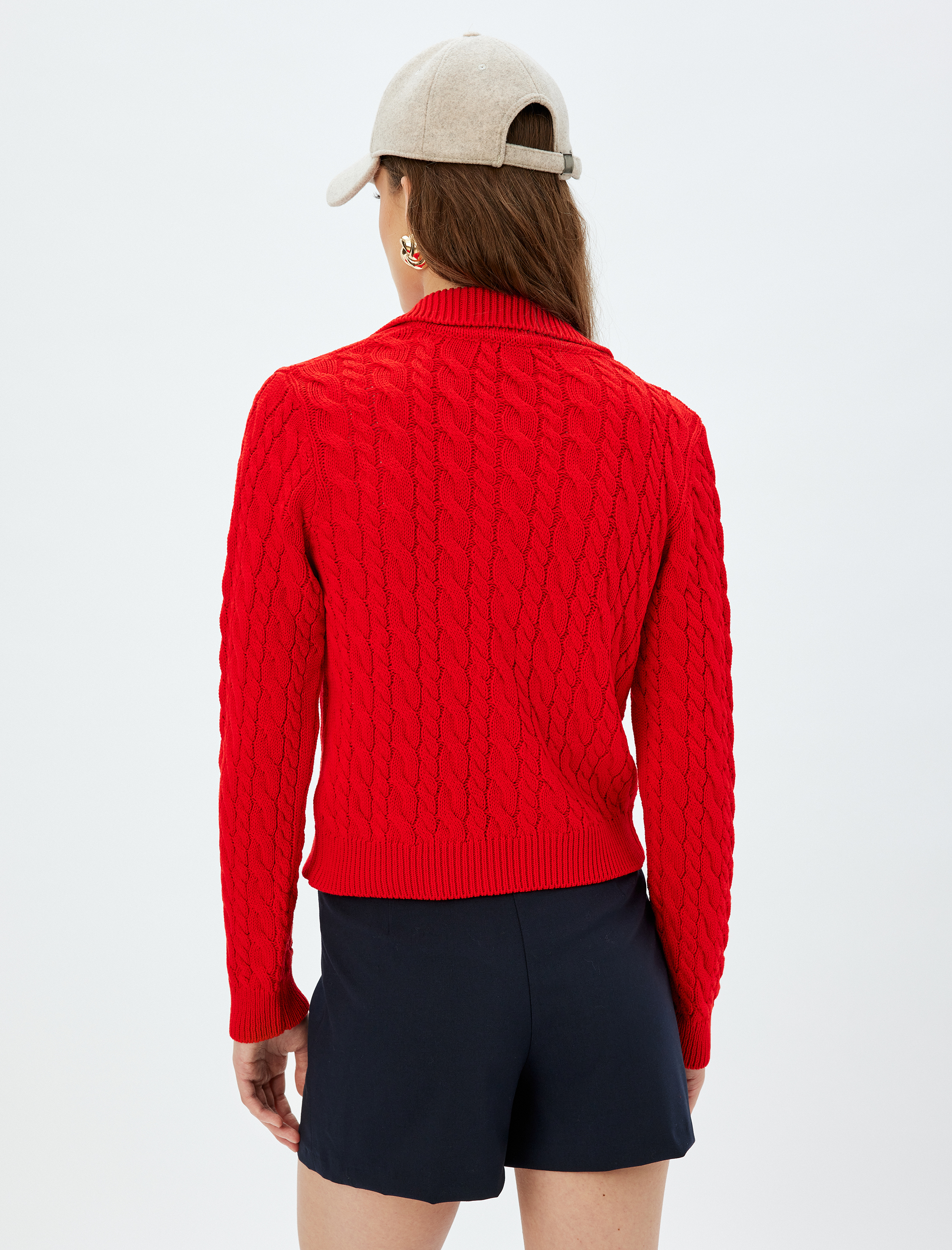   Saç Örgü Dokulu Uzun Kollu Polo Yaka Kazak