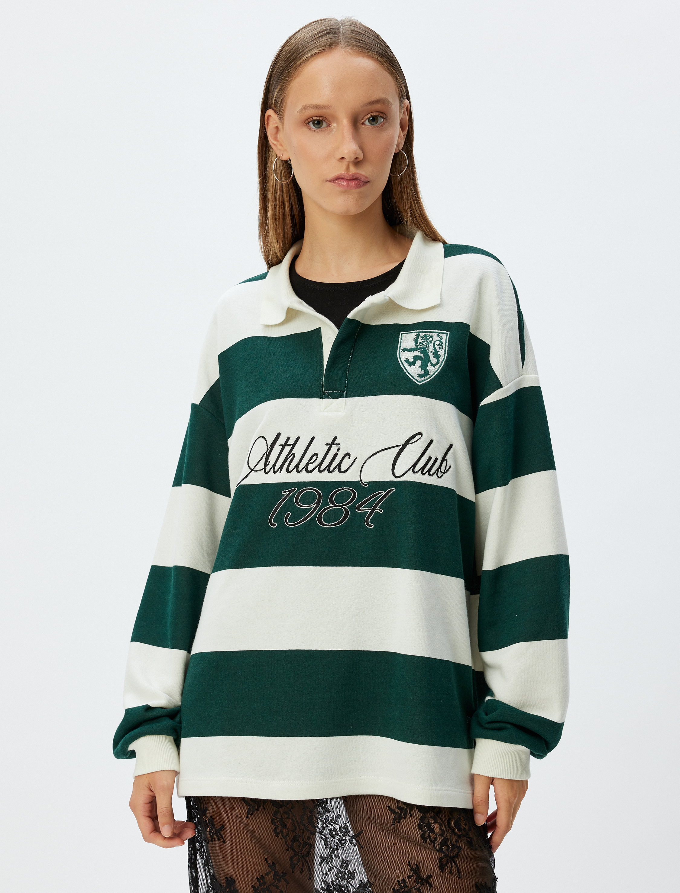   Polo Yaka Sweatshirt Oversize Kolej Baskılı Renk Bloklu Şardonlu
