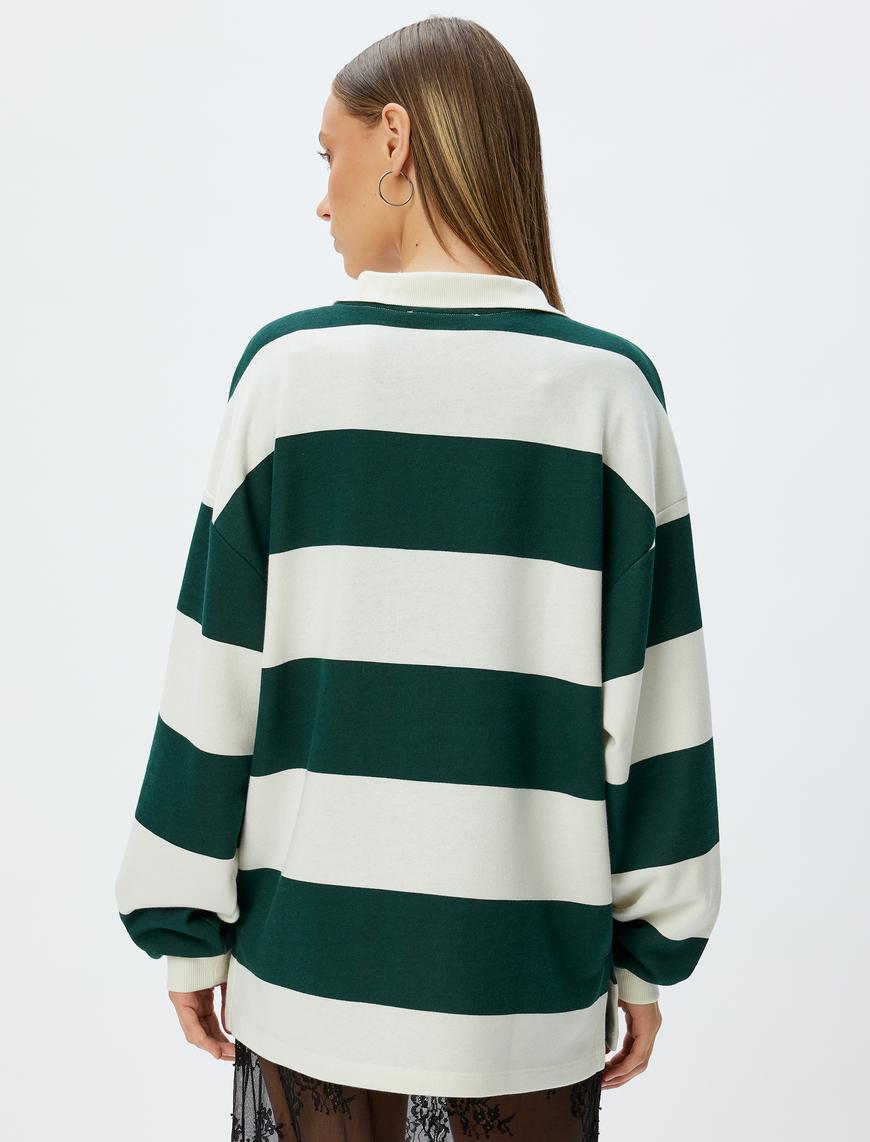   Polo Yaka Sweatshirt Oversize Kolej Baskılı Renk Bloklu Şardonlu