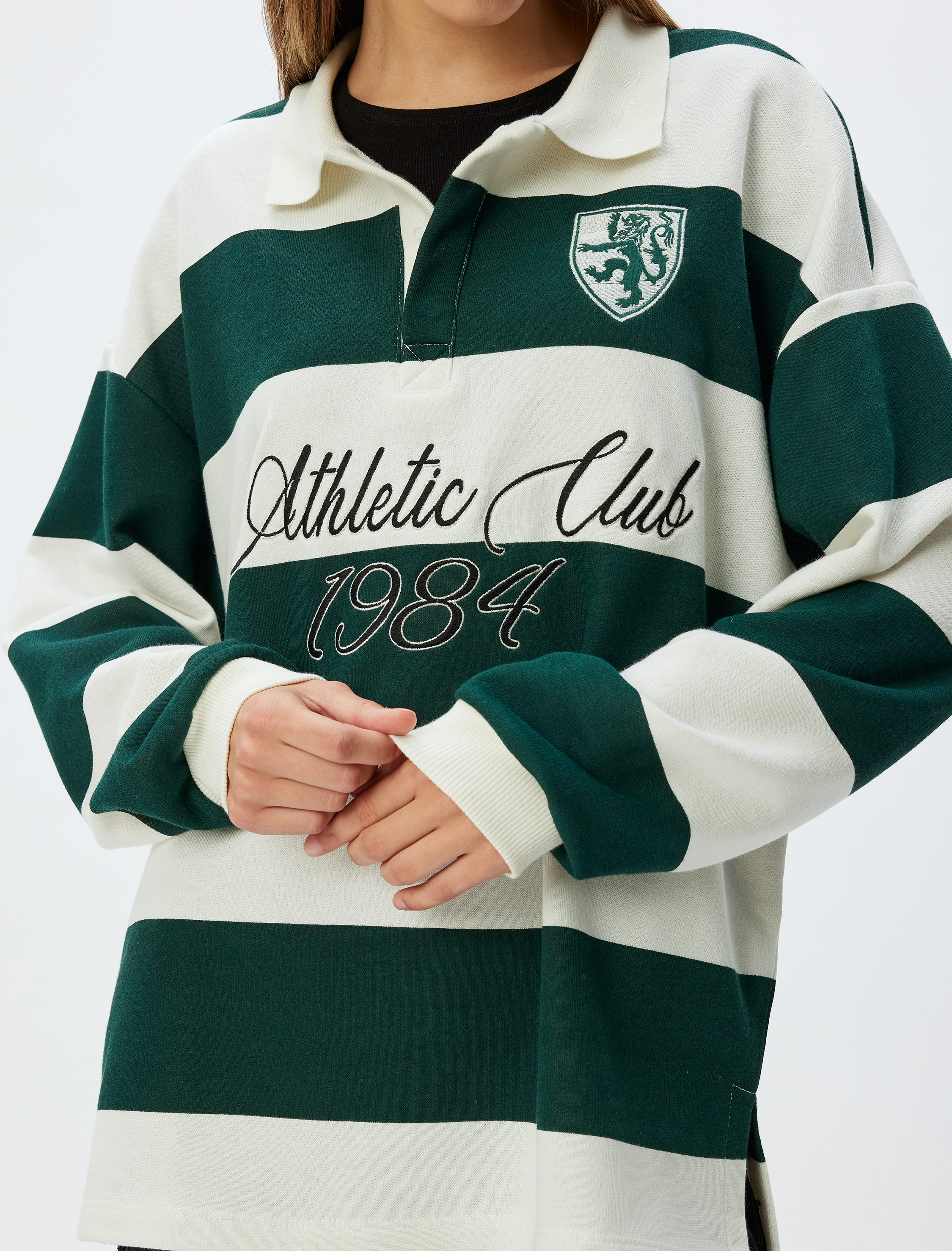   Polo Yaka Sweatshirt Oversize Kolej Baskılı Renk Bloklu Şardonlu