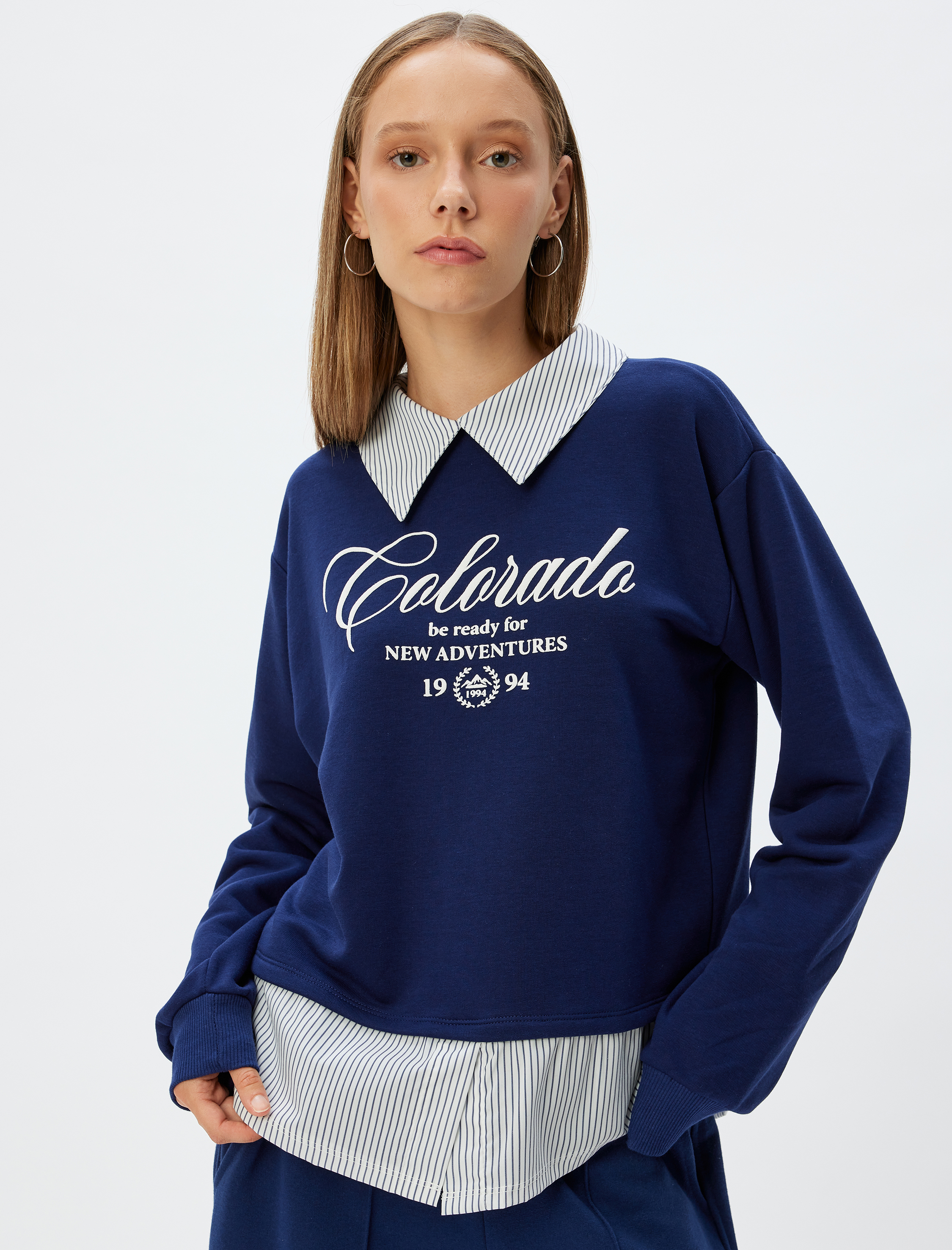   Gömlek Yaka Sweatshirt Oversize Kolej Baskılı Şardonlu