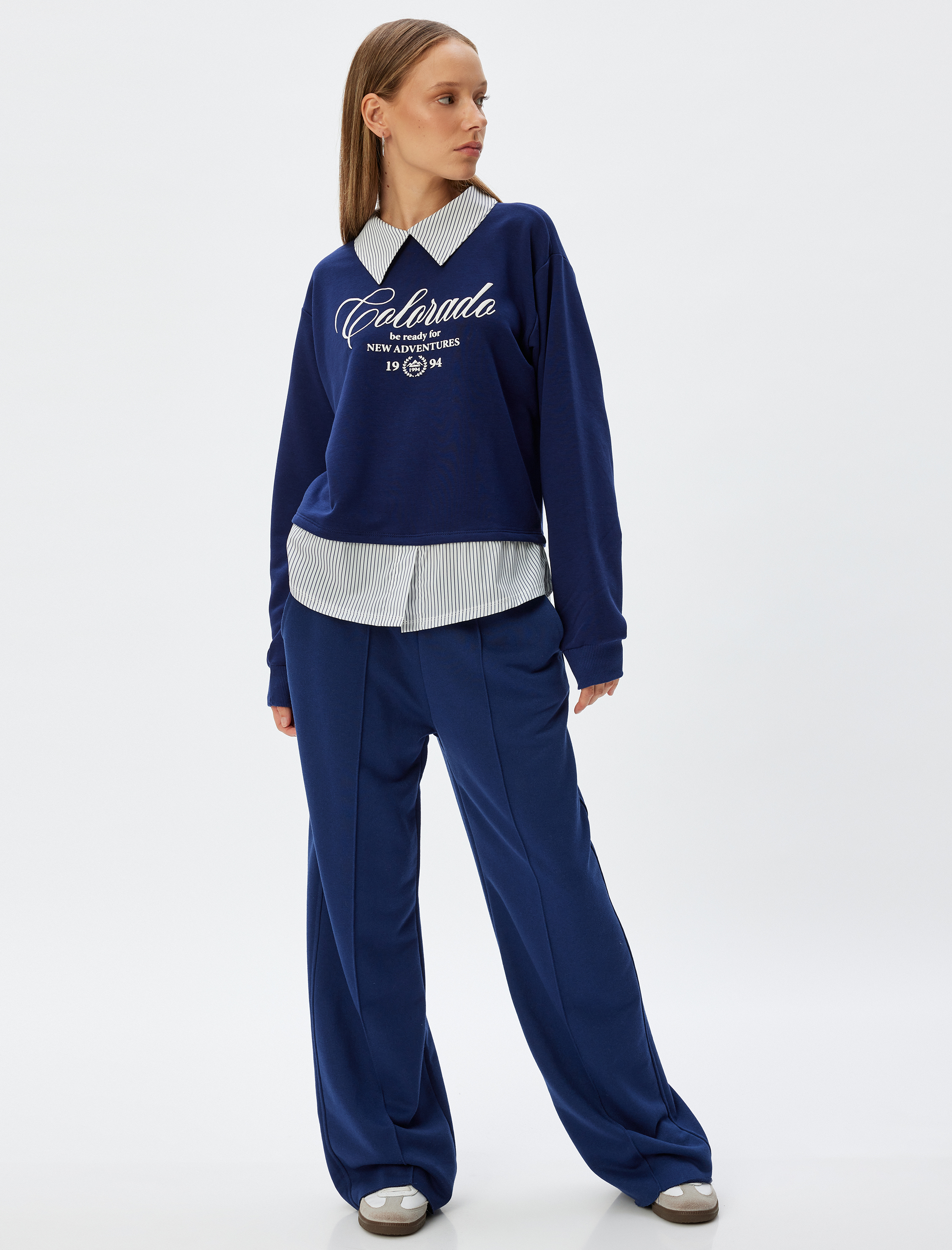   Gömlek Yaka Sweatshirt Oversize Kolej Baskılı Şardonlu