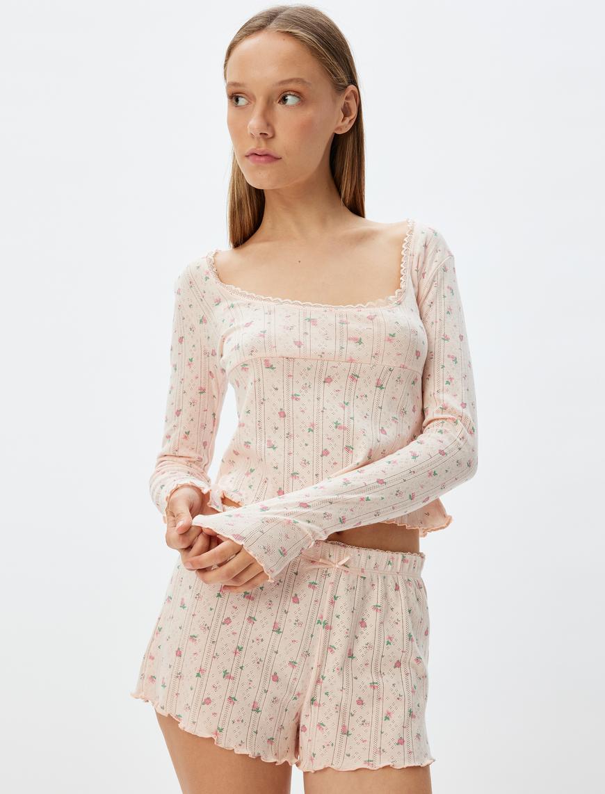  Çiçekli Crop Pijama Üstü Derin Yuvarlak Yaka Uzun Kollu Pamuklu