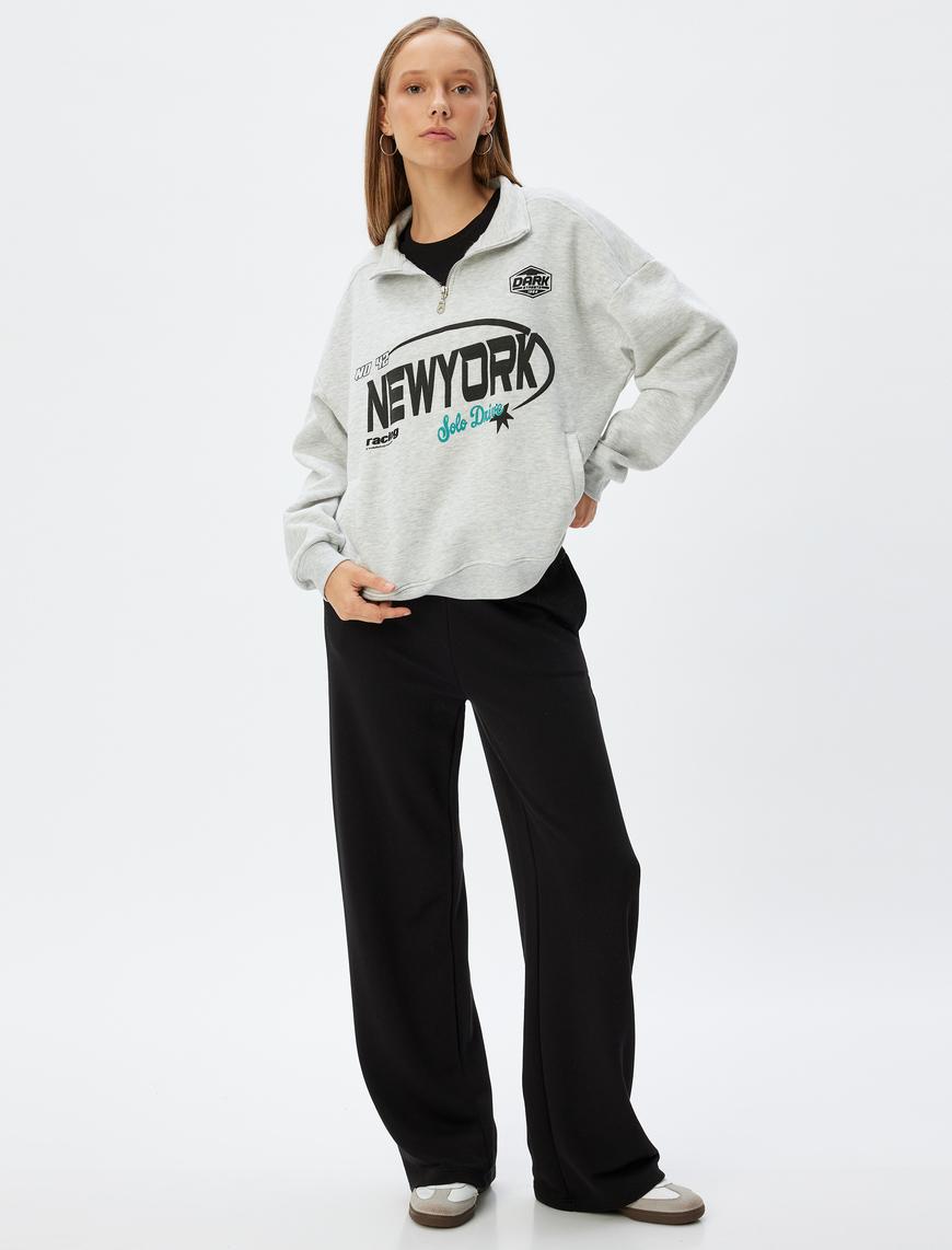   Yarım Fermuarlı Sweatshirt Baskılı Dik Yaka Cep Detaylı Şardonlu