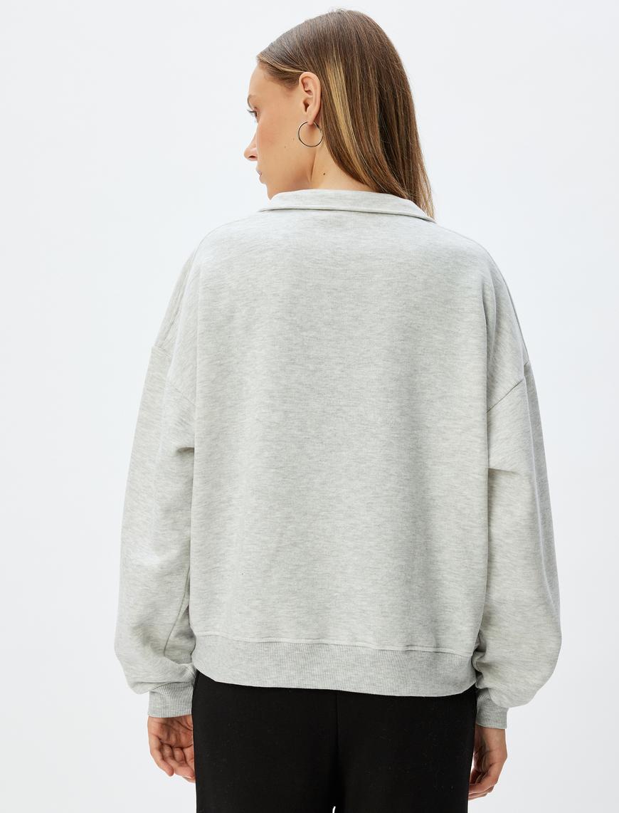   Yarım Fermuarlı Sweatshirt Baskılı Dik Yaka Cep Detaylı Şardonlu