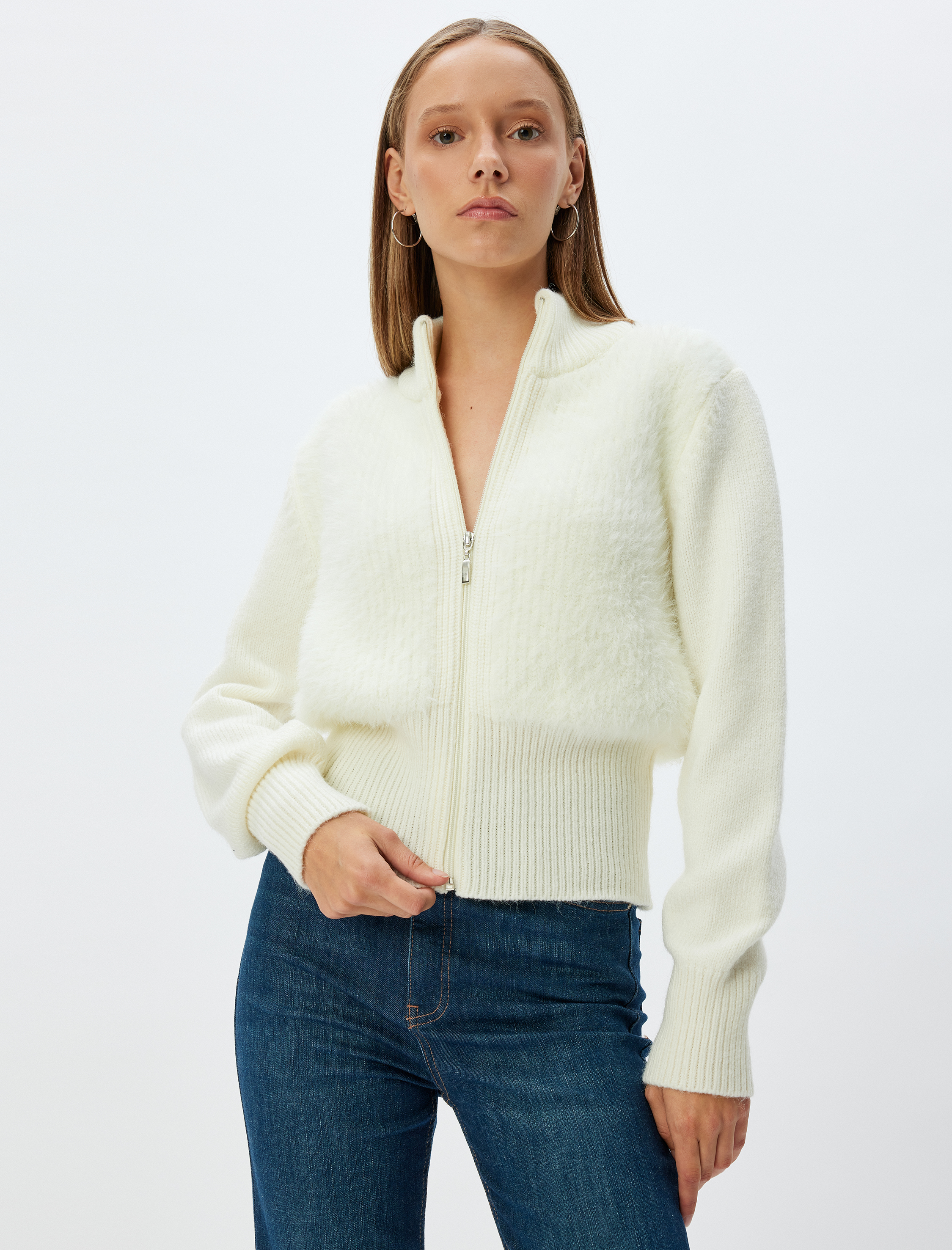   Peluş Hırka Fermuarlı Dik Yaka Ribanalı