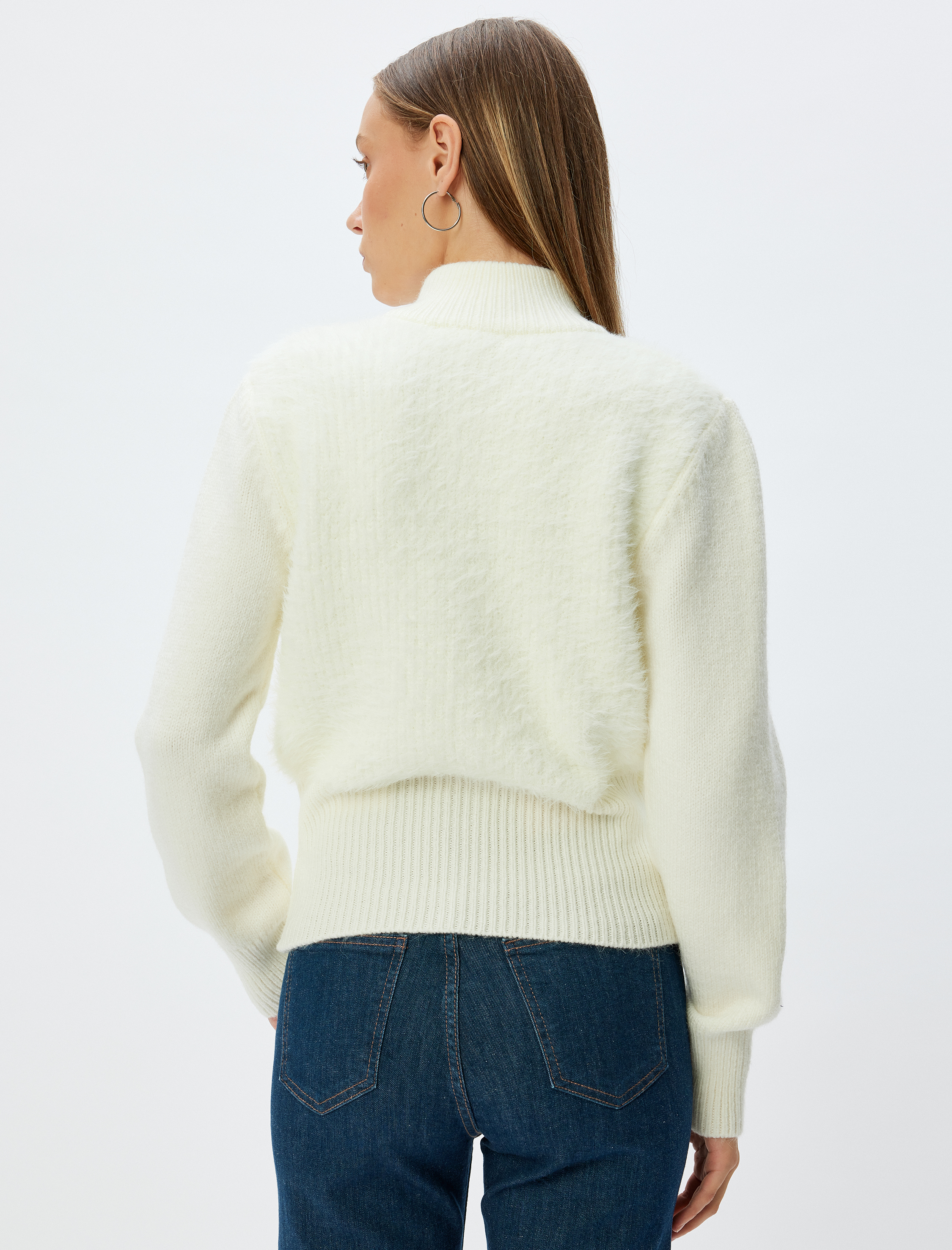   Peluş Hırka Fermuarlı Dik Yaka Ribanalı