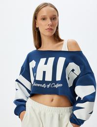 Crop Oversize Sweatshirt Kolej Baskılı Kayık Yaka Şardonlu