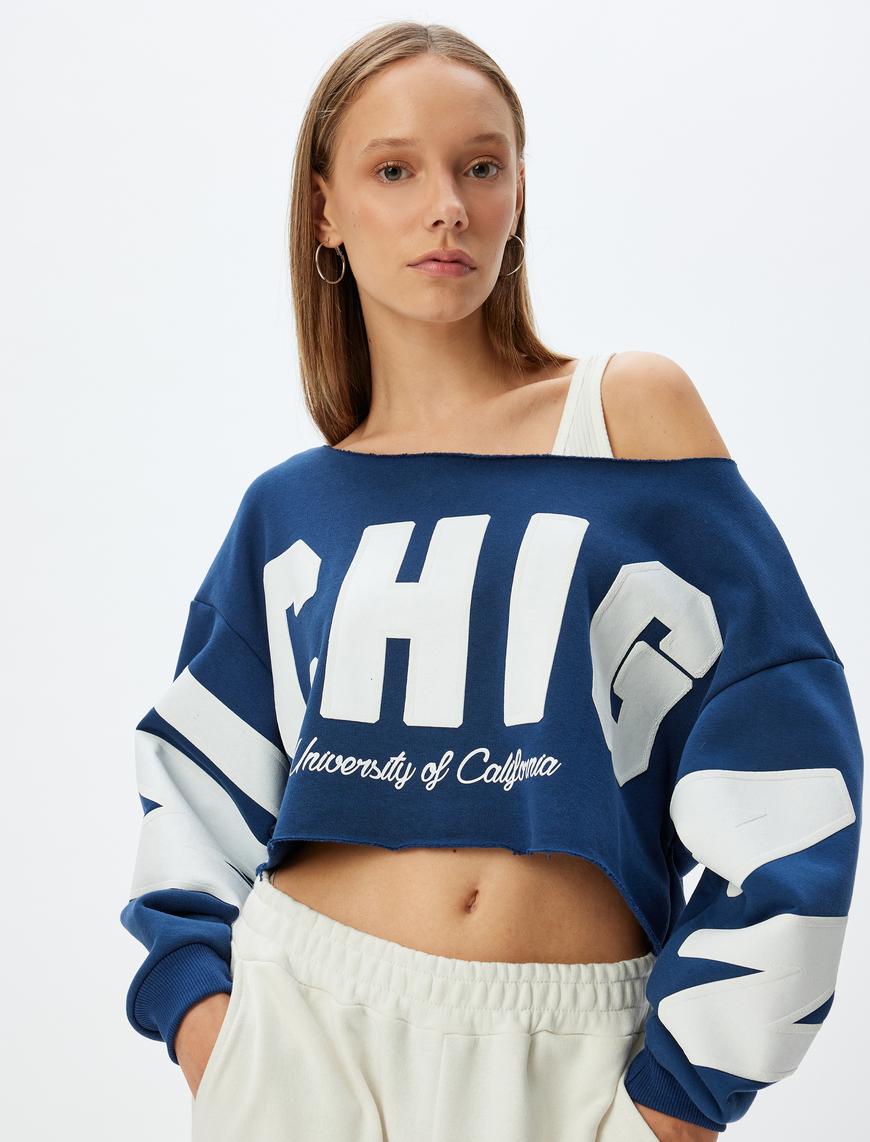   Crop Oversize Sweatshirt Kolej Baskılı Kayık Yaka Şardonlu