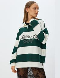 Polo Yaka Sweatshirt Oversize Kolej Baskılı Renk Bloklu Şardonlu