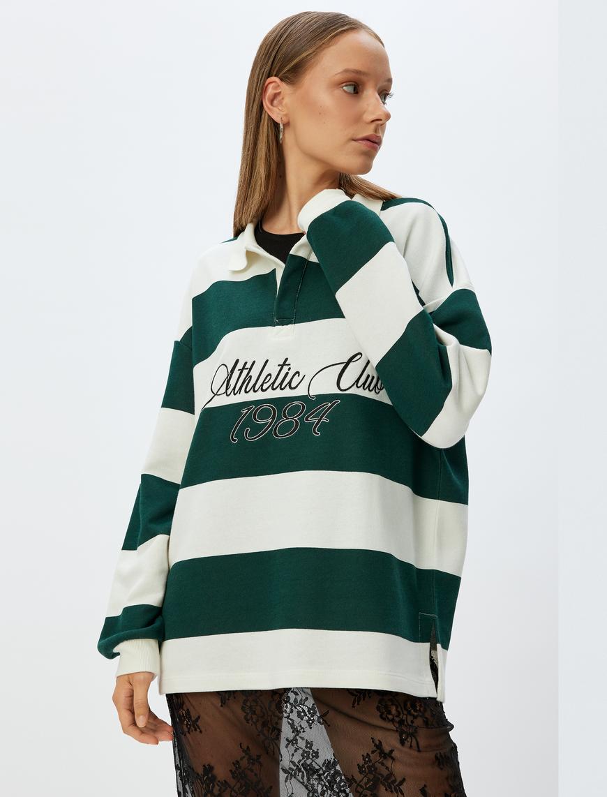   Polo Yaka Sweatshirt Oversize Kolej Baskılı Renk Bloklu Şardonlu
