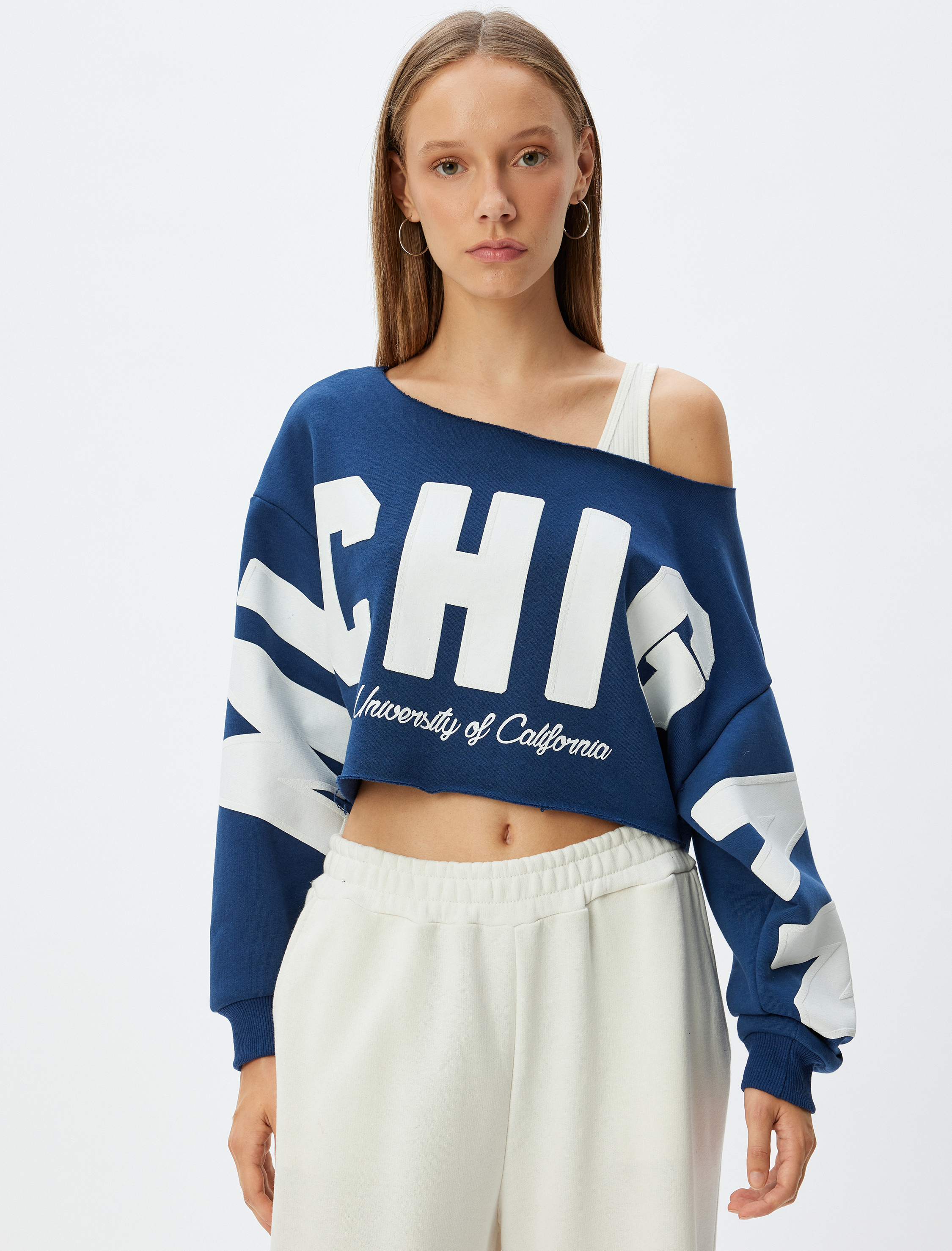   Crop Oversize Sweatshirt Kolej Baskılı Kayık Yaka Şardonlu