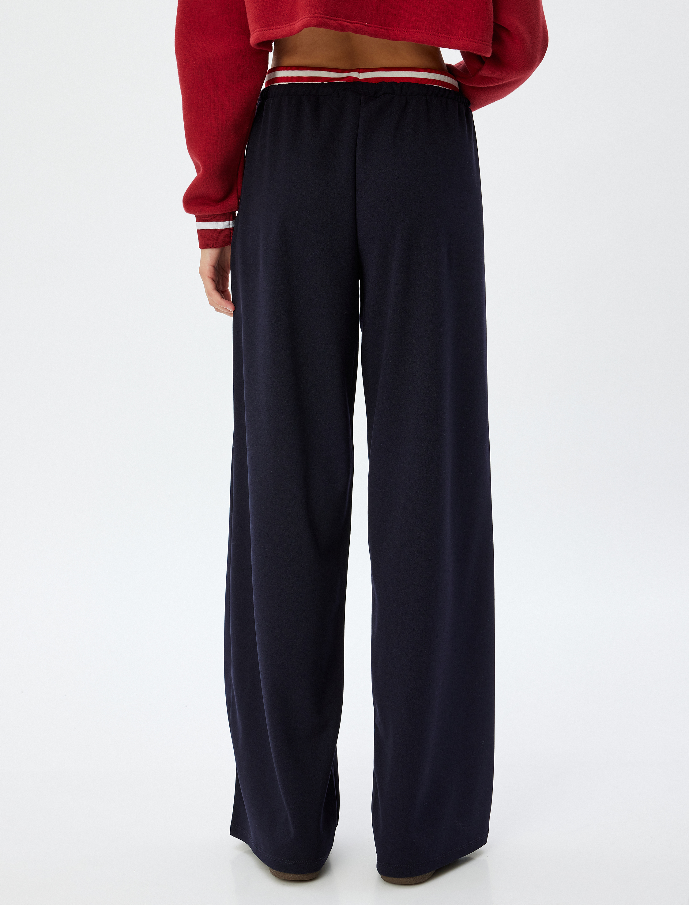   Bol Paça Pantolon Yüksek Bel Şerit Detaylı Beli Bağcıklı Rahat Kesim Krep Kumaş