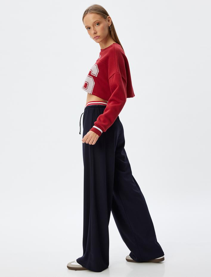  Bol Paça Pantolon Yüksek Bel Şerit Detaylı Beli Bağcıklı Rahat Kesim Krep Kumaş