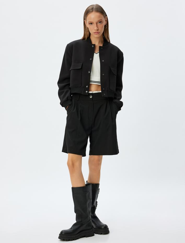  Kolej Bomber Ceket Cep Detaylı Çıtçıt Düğmeli Krep Kumaş