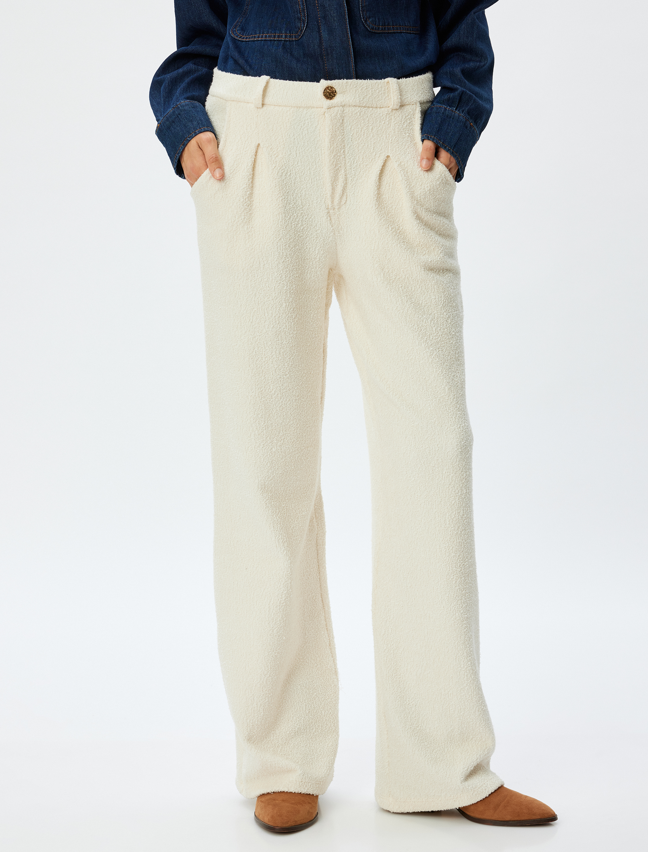   Tüvit Pantolon Bol Paça Yüksek Bel Pileli Düğmeli Cep Detaylı