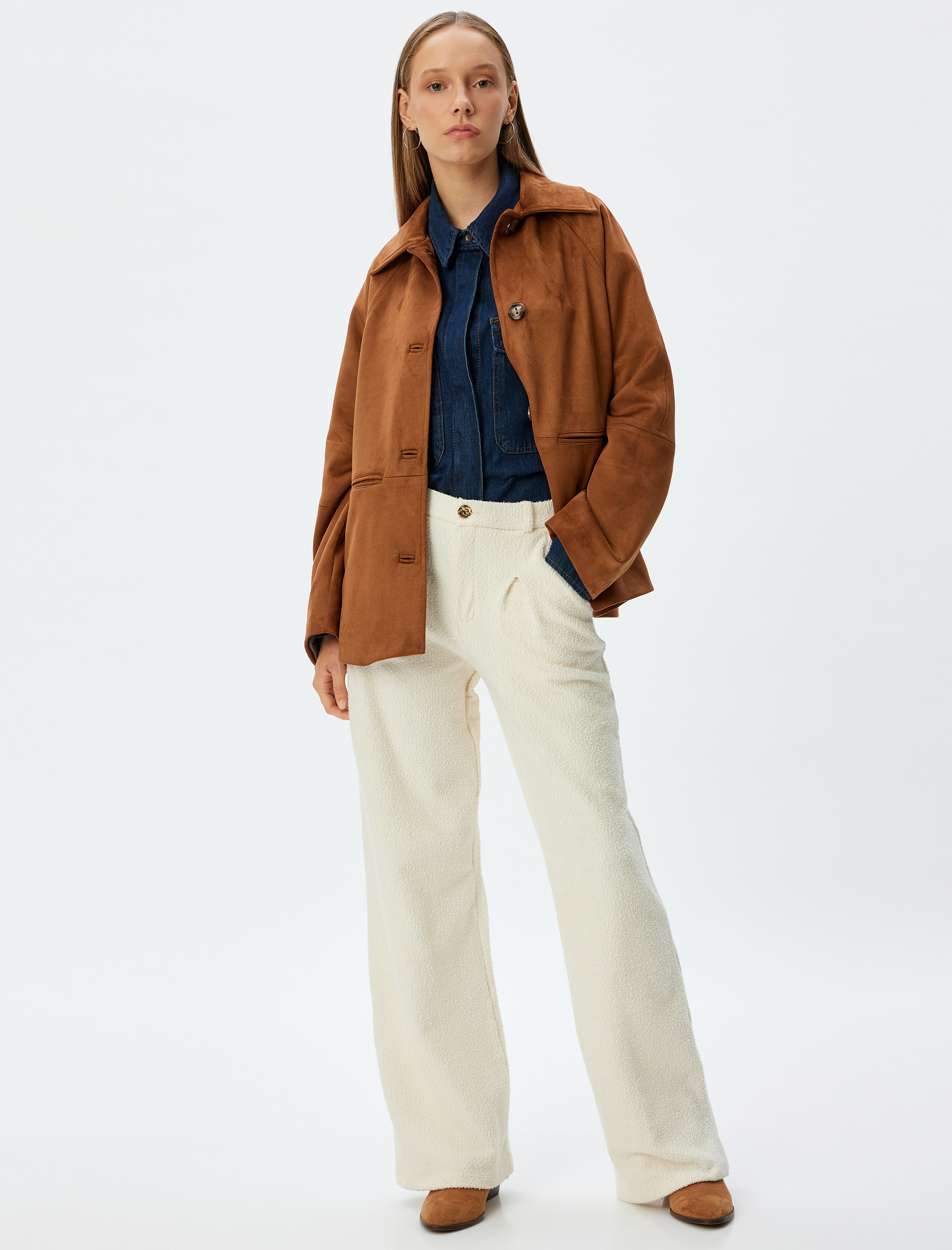   Tüvit Pantolon Bol Paça Yüksek Bel Pileli Düğmeli Cep Detaylı