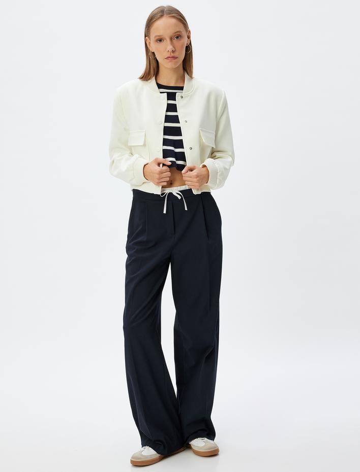  Kolej Bomber Ceket Cep Detaylı Çıtçıt Düğmeli Krep Kumaş