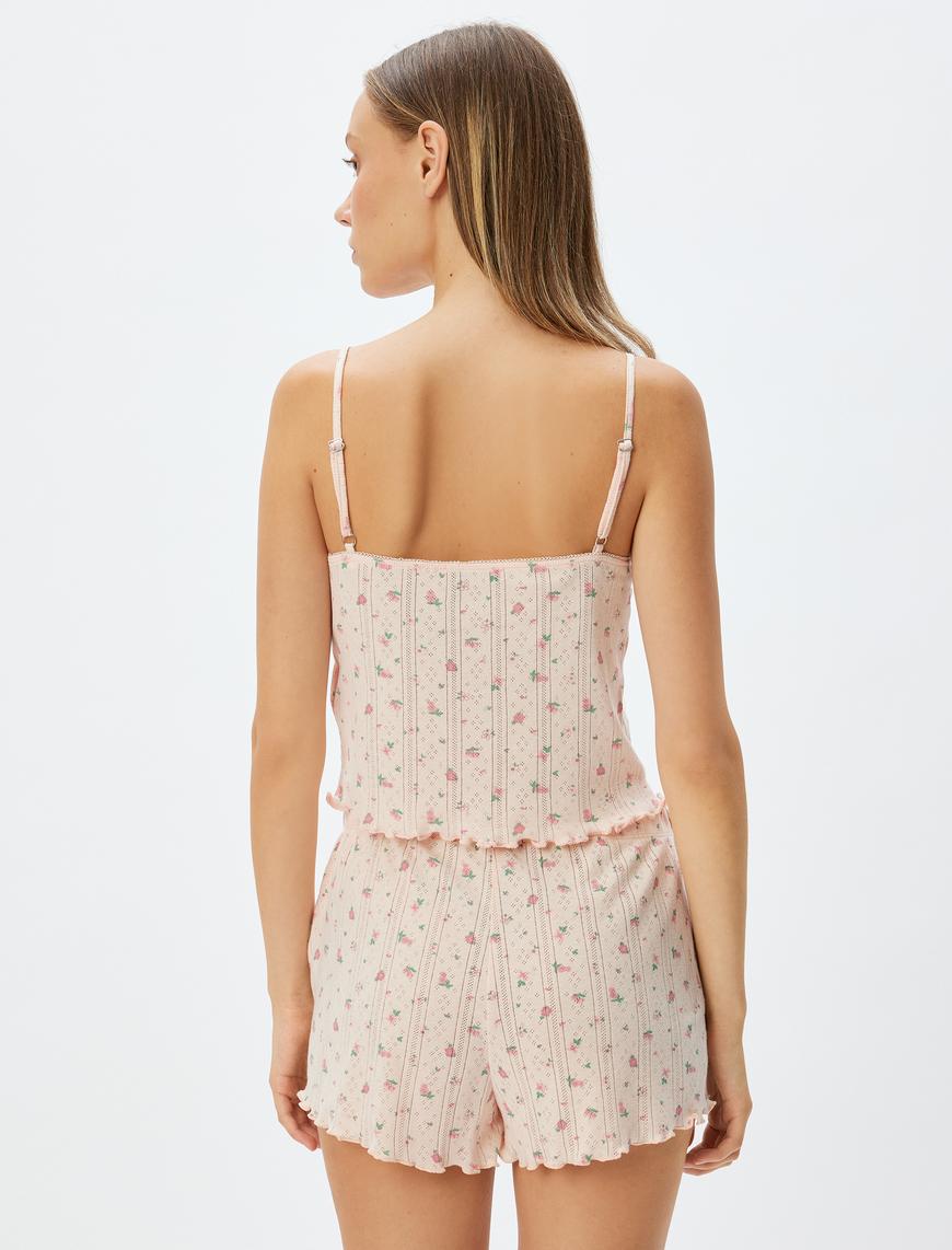   Çiçekli Askılı Crop Pijama Üstü Fiyonk Detaylı Pamuklu