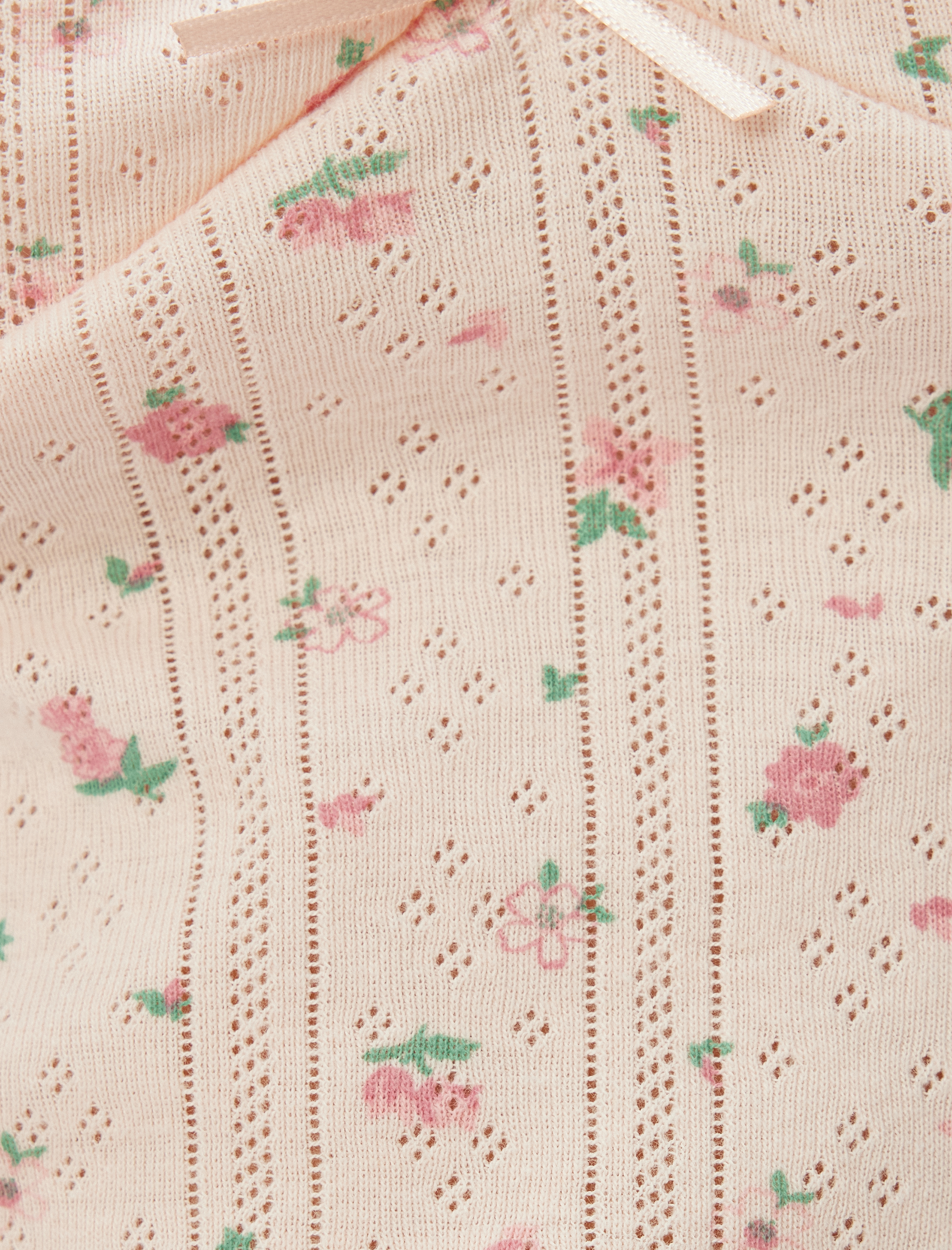 Çiçekli Askılı Crop Pijama Üstü Fiyonk Detaylı Pamuklu