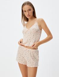 Çiçekli Askılı Crop Pijama Üstü Fiyonk Detaylı Pamuklu