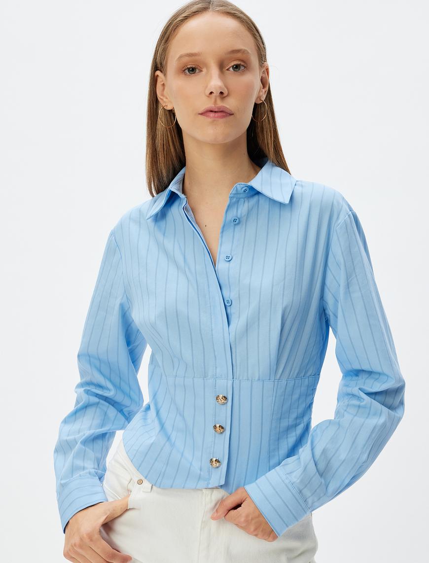   Crop Gömlek Poplin Klasik Yaka Düğmeli Uzun Kollu Slim Fit