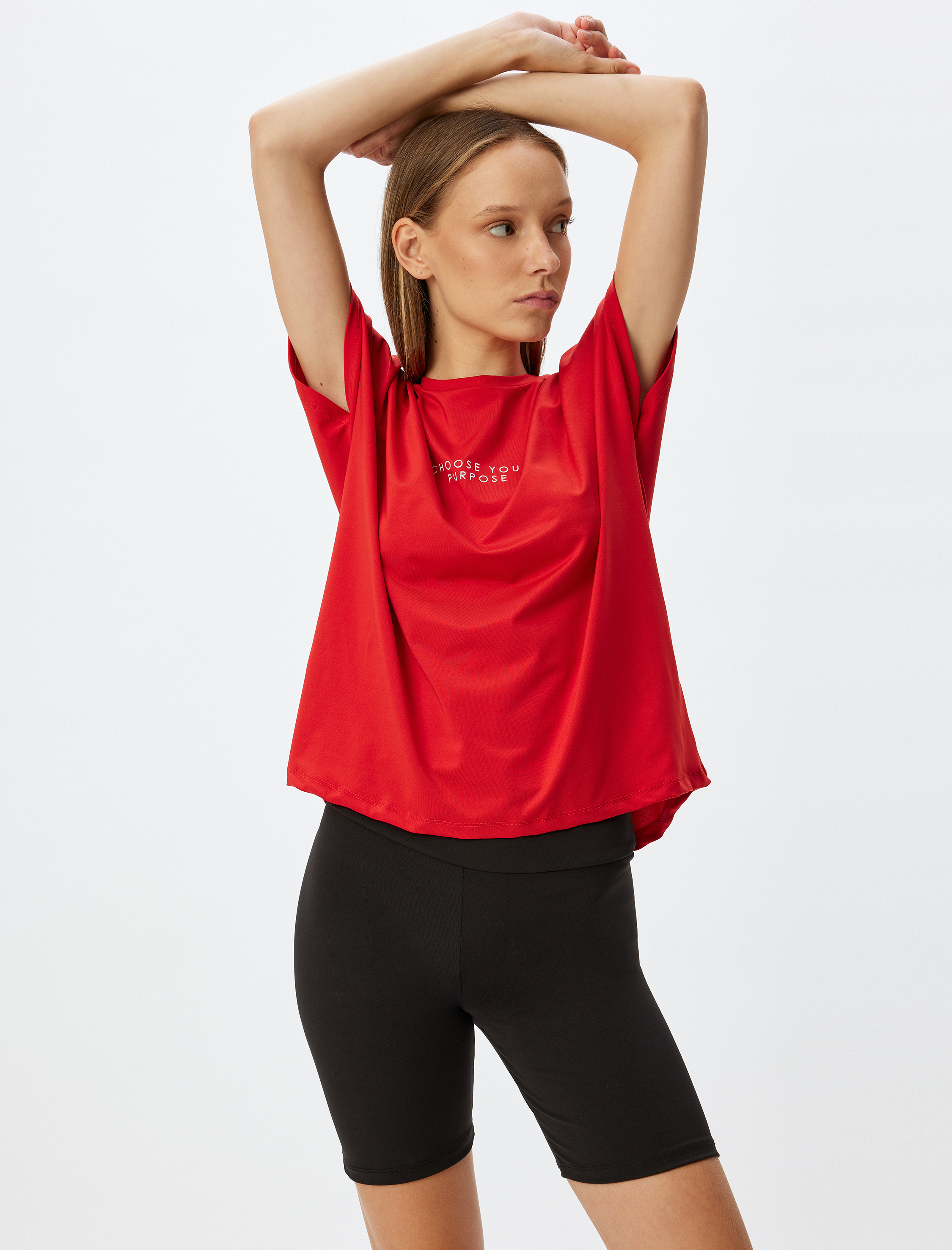   Oversize Spor Tişört Slogan Baskılı Bisiklet Yaka Yarasa Kol