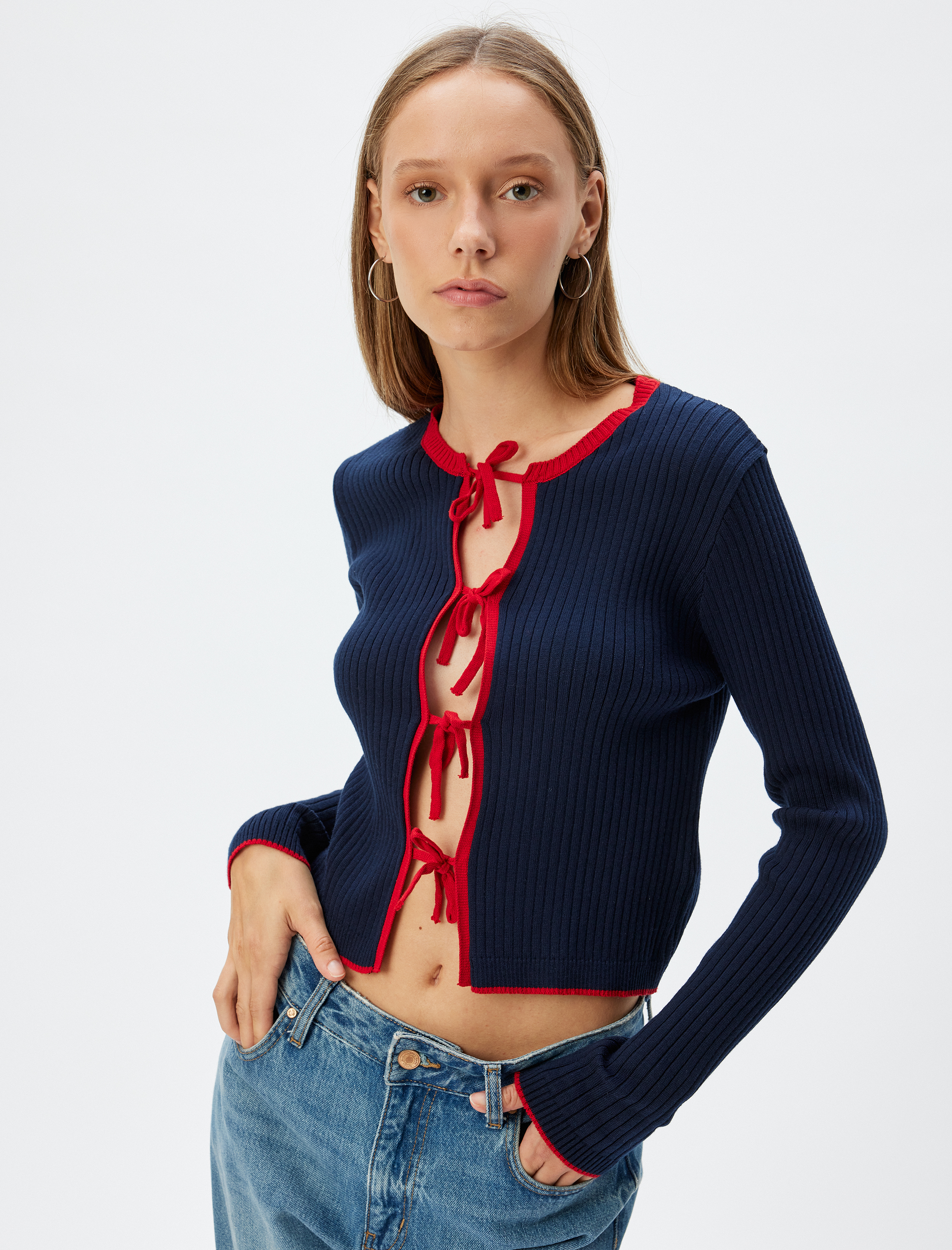   Triko Hırka Fiyonk Bağlama Detaylı Uzun Kollu Basic