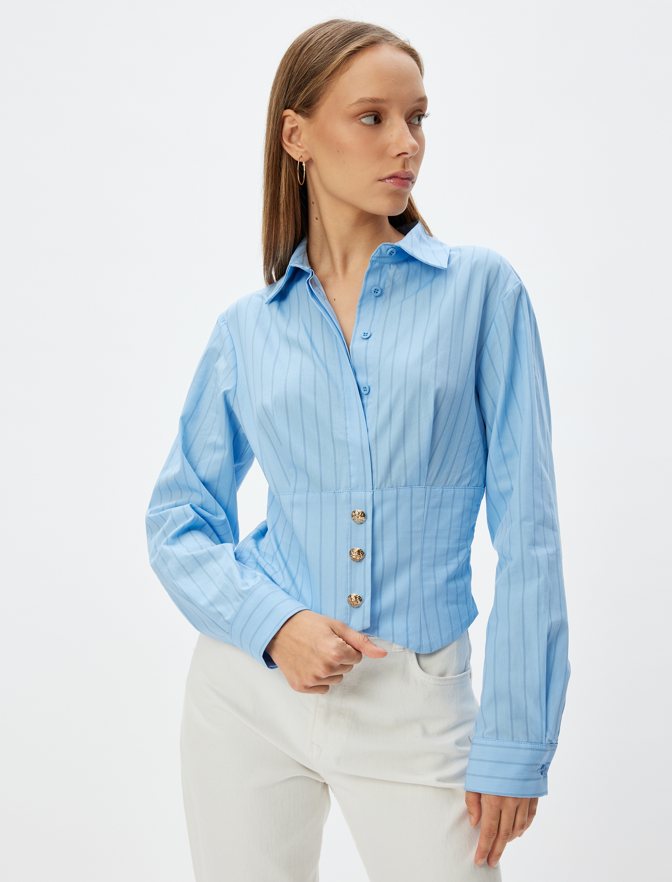   Crop Gömlek Poplin Klasik Yaka Düğmeli Uzun Kollu Slim Fit