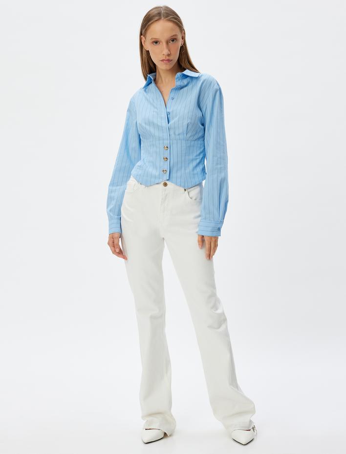  Crop Gömlek Poplin Klasik Yaka Düğmeli Uzun Kollu Slim Fit
