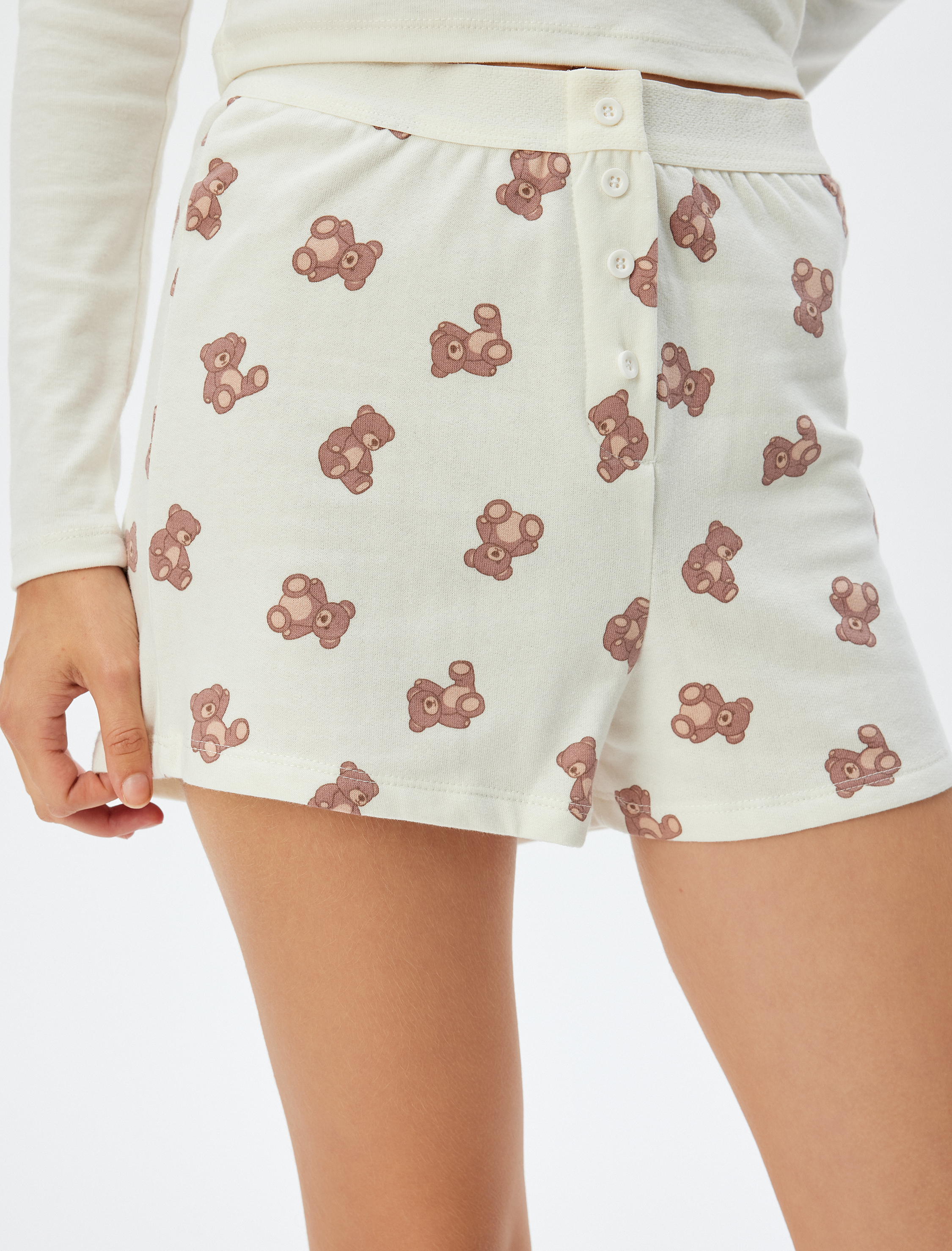   Ayıcık Baskılı Şort Pijama Altı Düğmeli Pamuklu Üç İplik Şardonlu