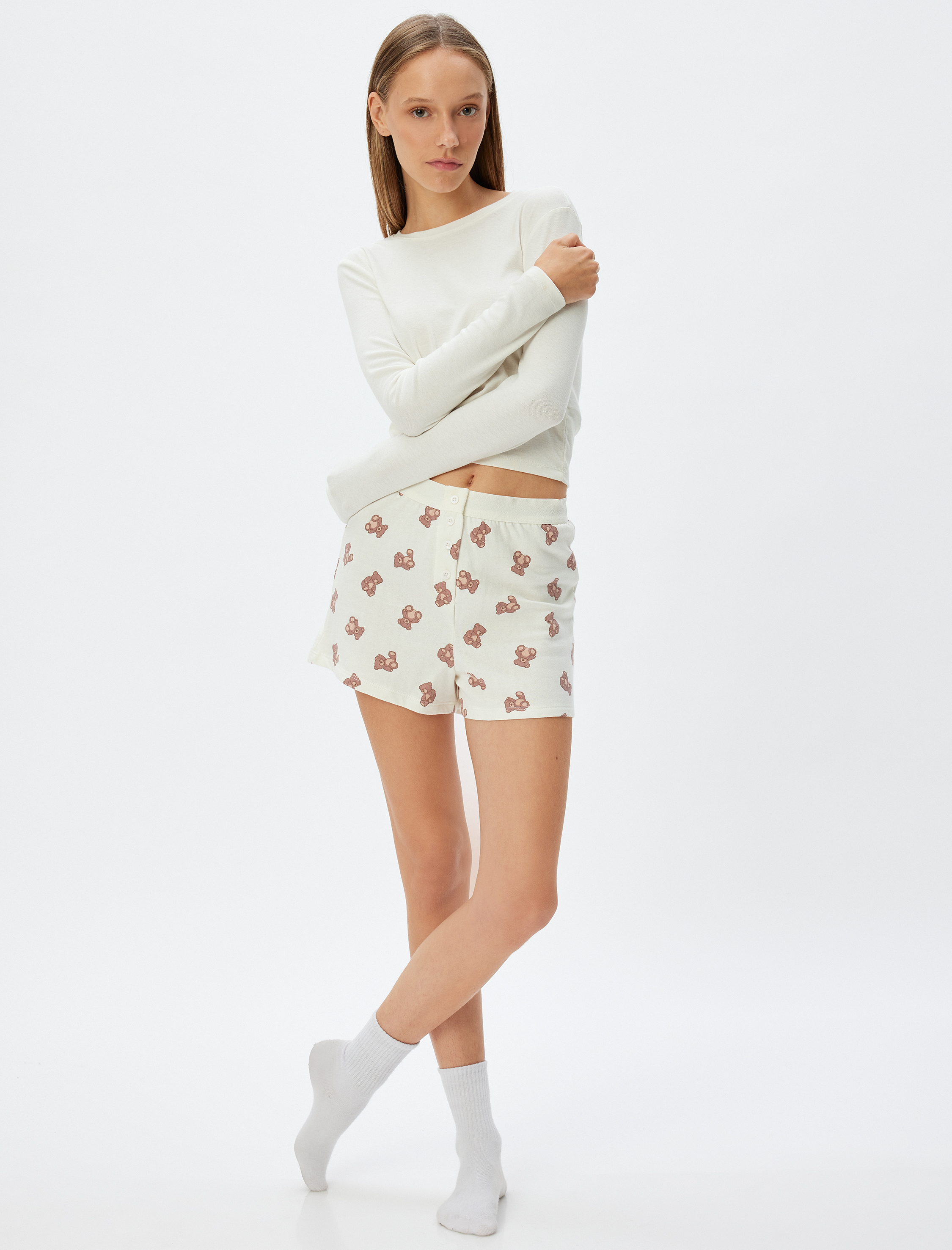   Ayıcık Baskılı Şort Pijama Altı Düğmeli Pamuklu Üç İplik Şardonlu