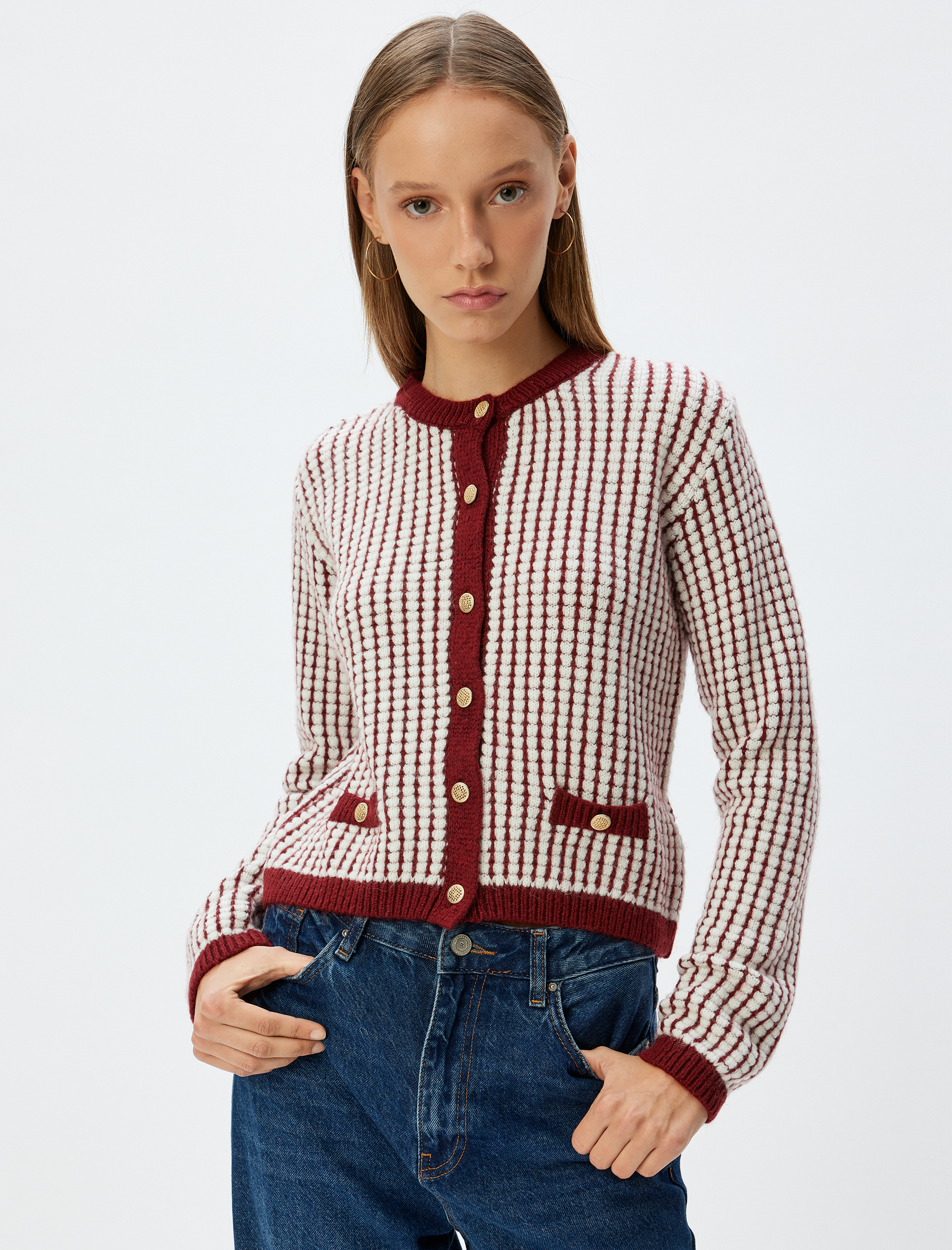   Triko Hırka Bisiklet Yaka Cep Detaylı Düğmeli Uzun Kollu