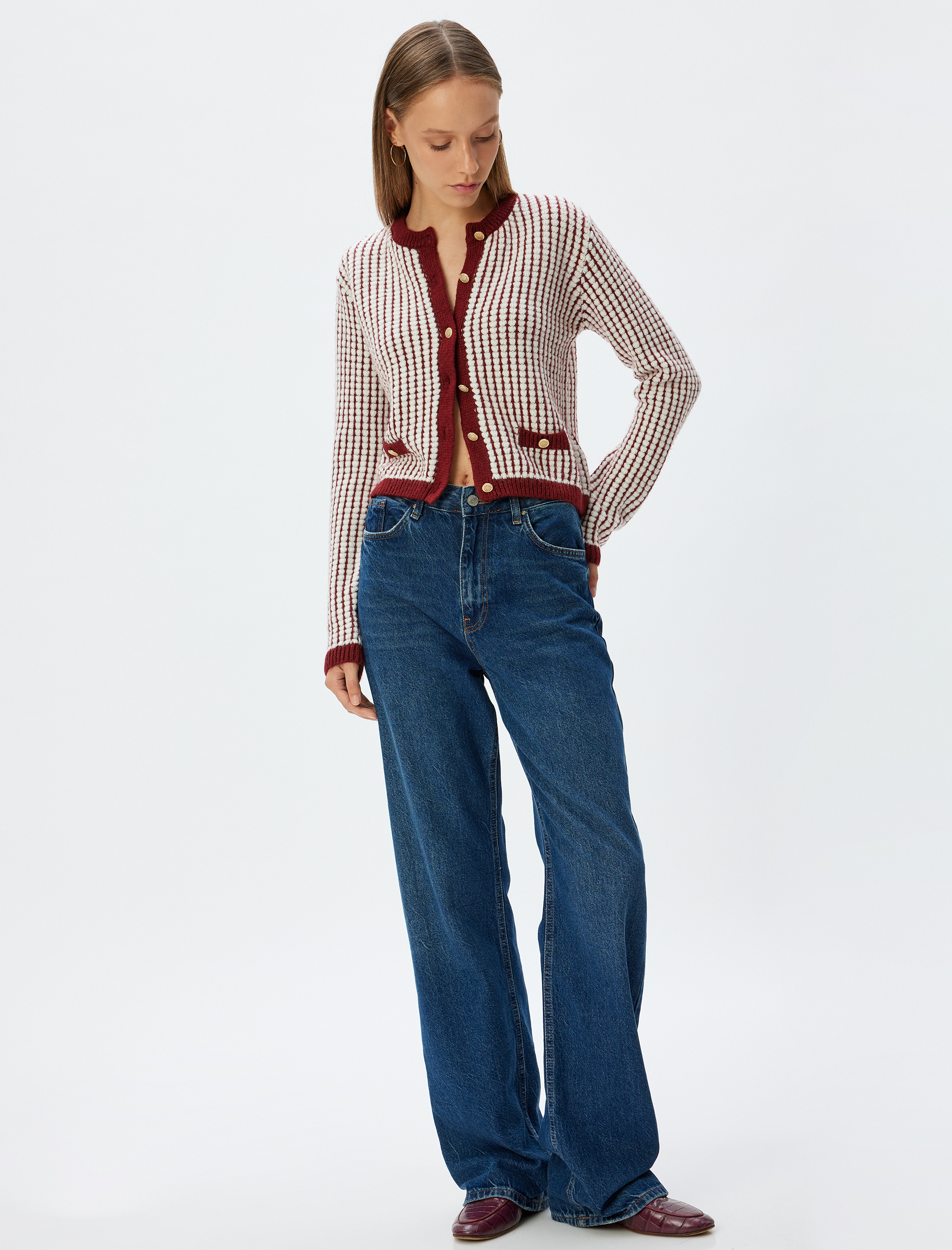   Triko Hırka Bisiklet Yaka Cep Detaylı Düğmeli Uzun Kollu