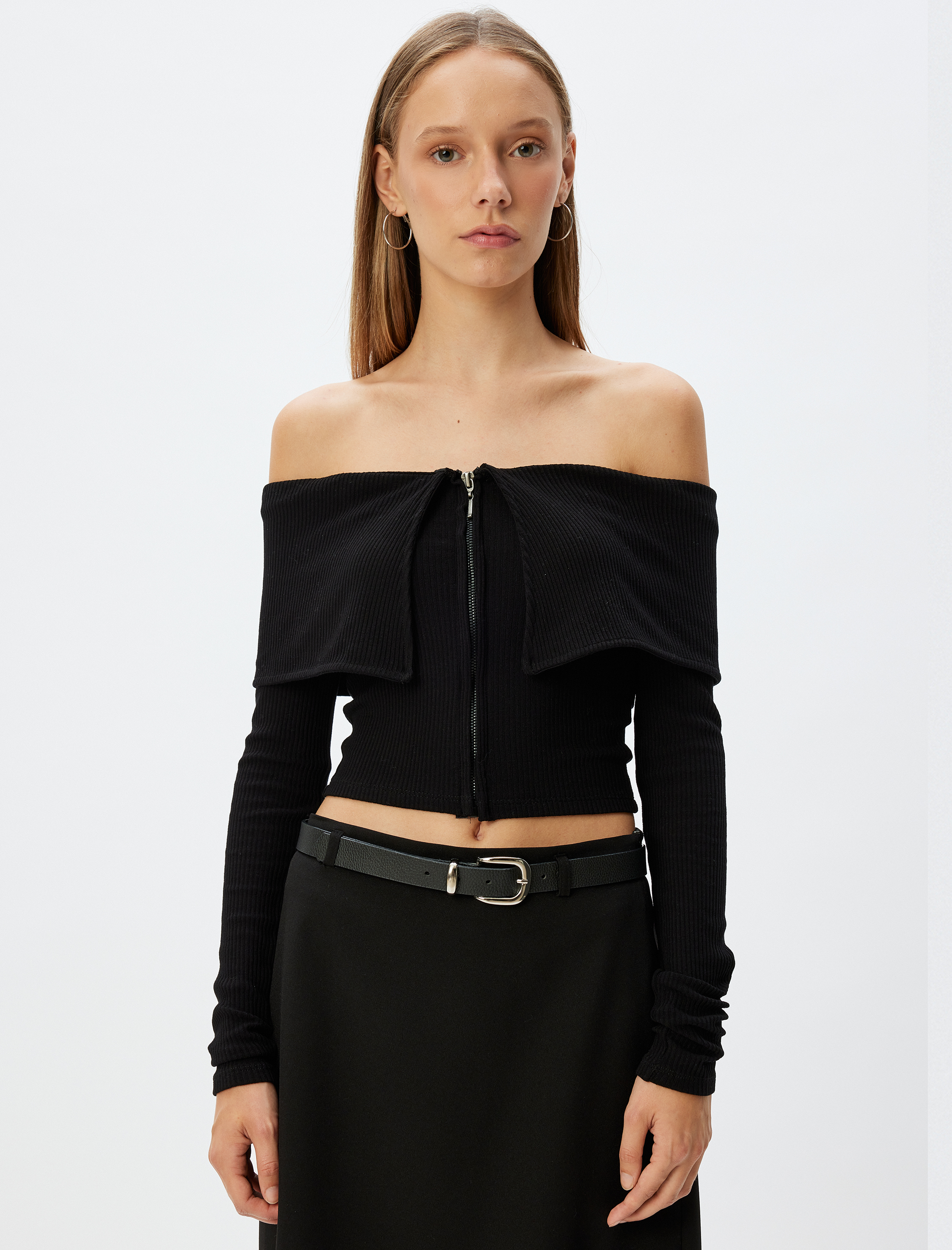   Crop Tişört Uzun Kollu Fermuarlı Omzu Açık Slim Fit