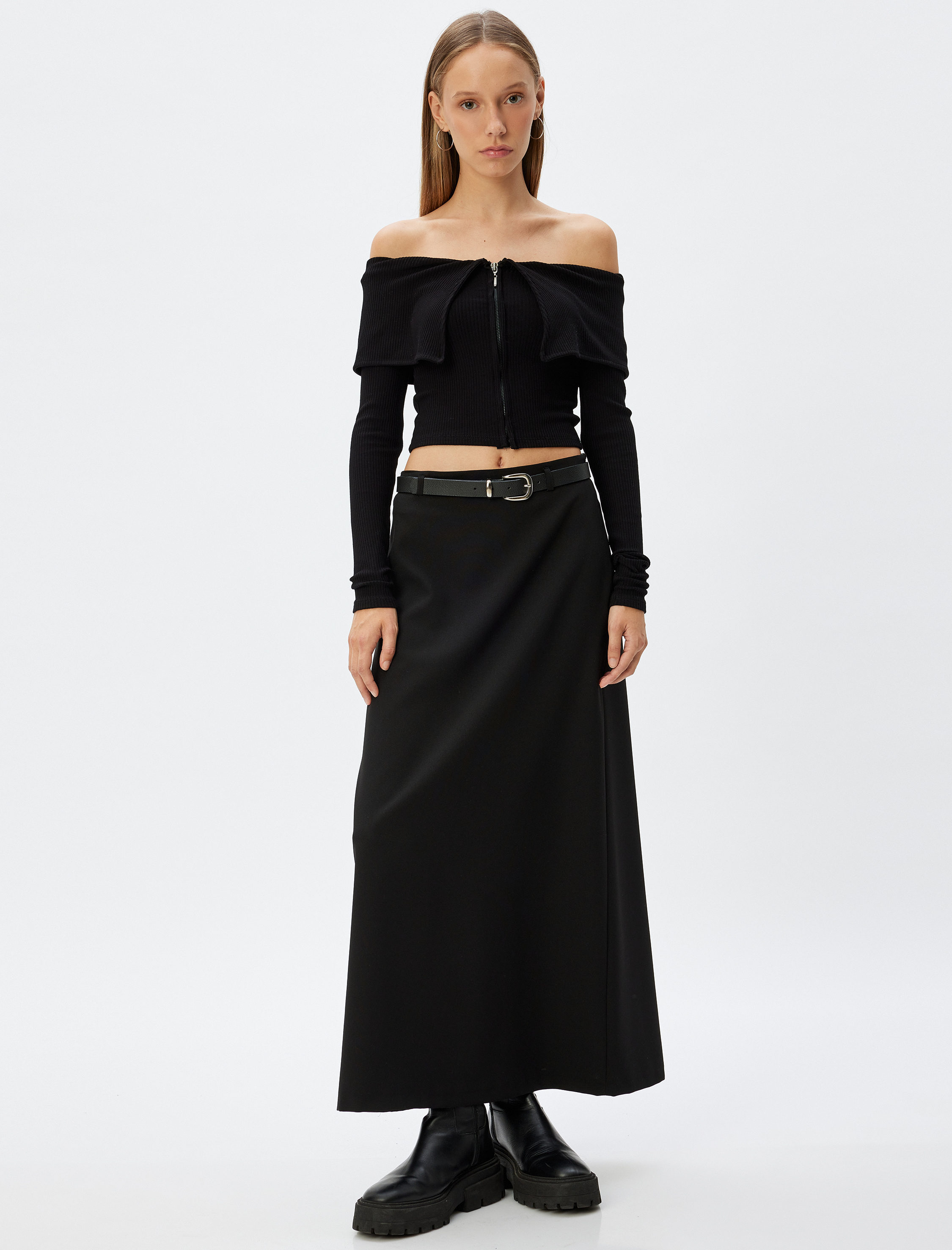   Crop Tişört Uzun Kollu Fermuarlı Omzu Açık Slim Fit