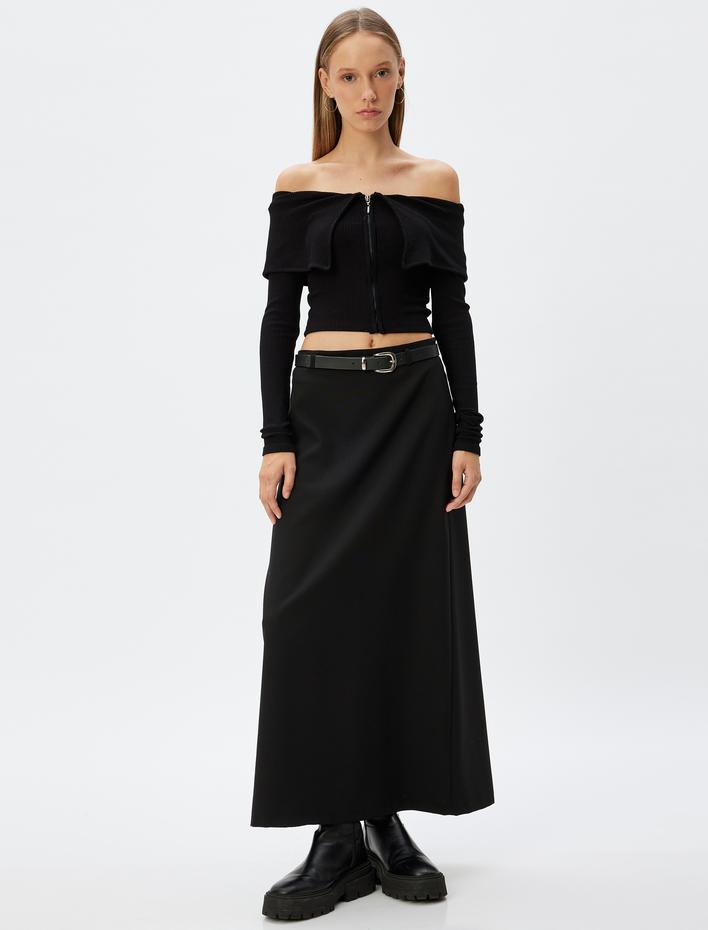  Crop Tişört Uzun Kollu Fermuarlı Omzu Açık Slim Fit