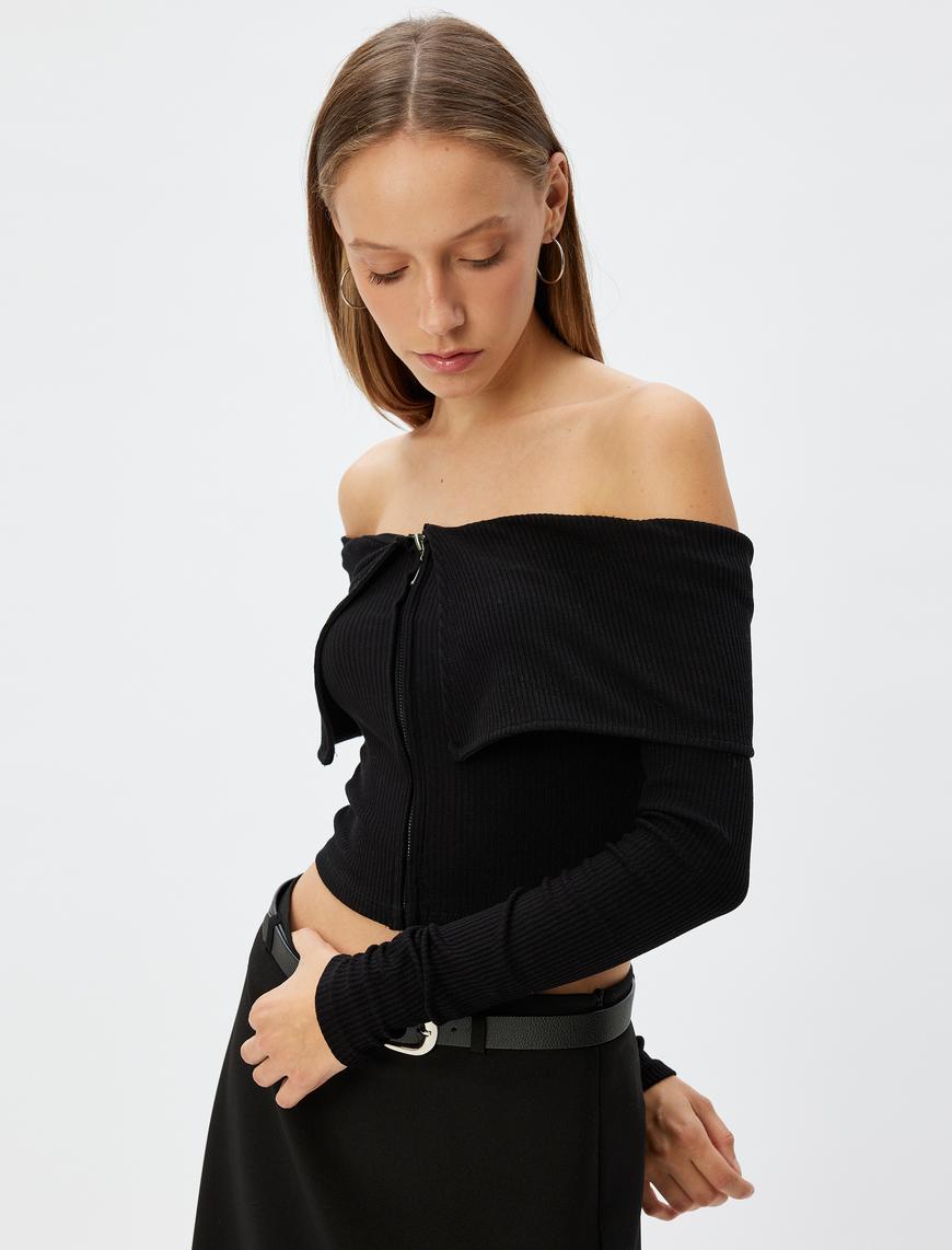   Crop Tişört Uzun Kollu Fermuarlı Omzu Açık Slim Fit