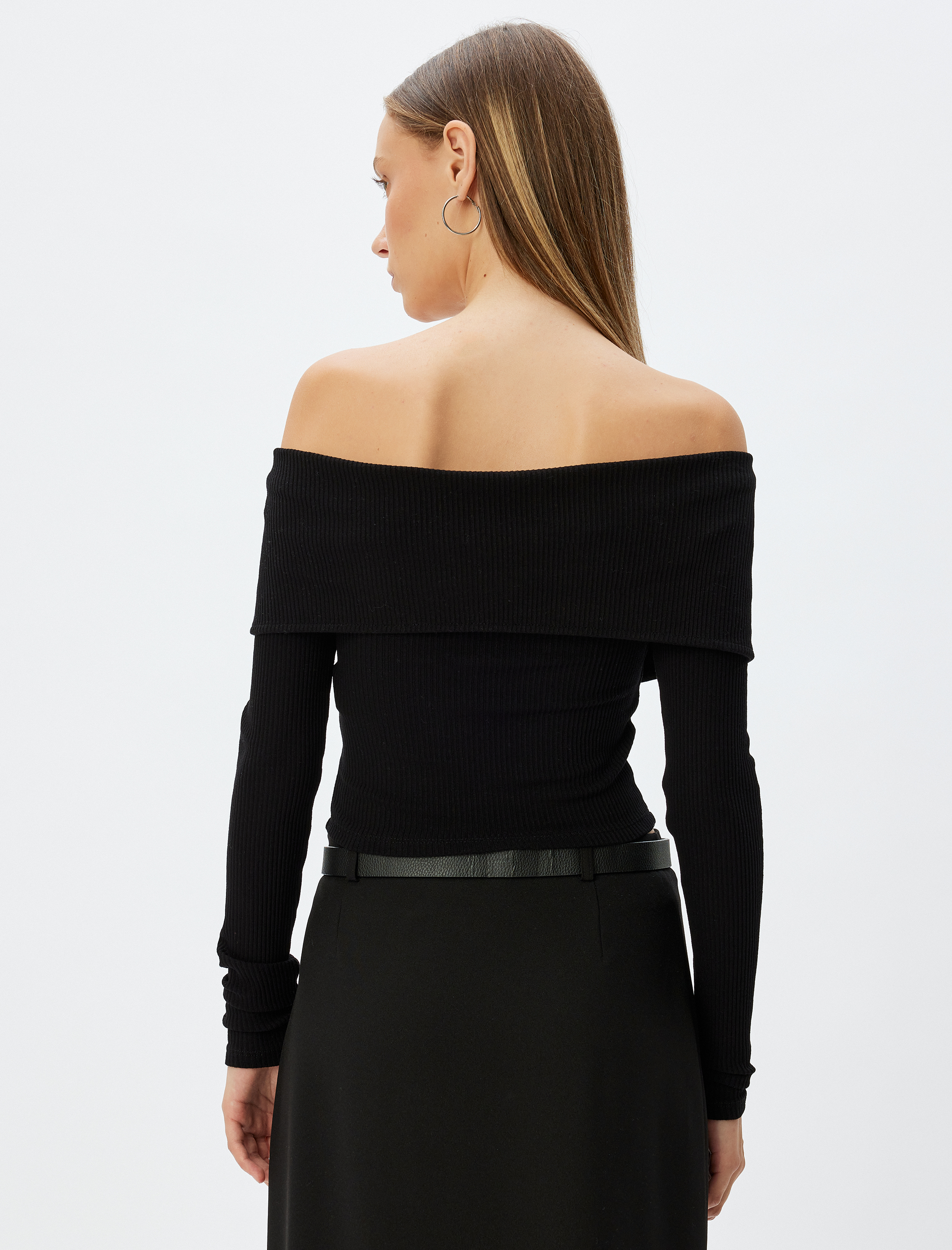   Crop Tişört Uzun Kollu Fermuarlı Omzu Açık Slim Fit