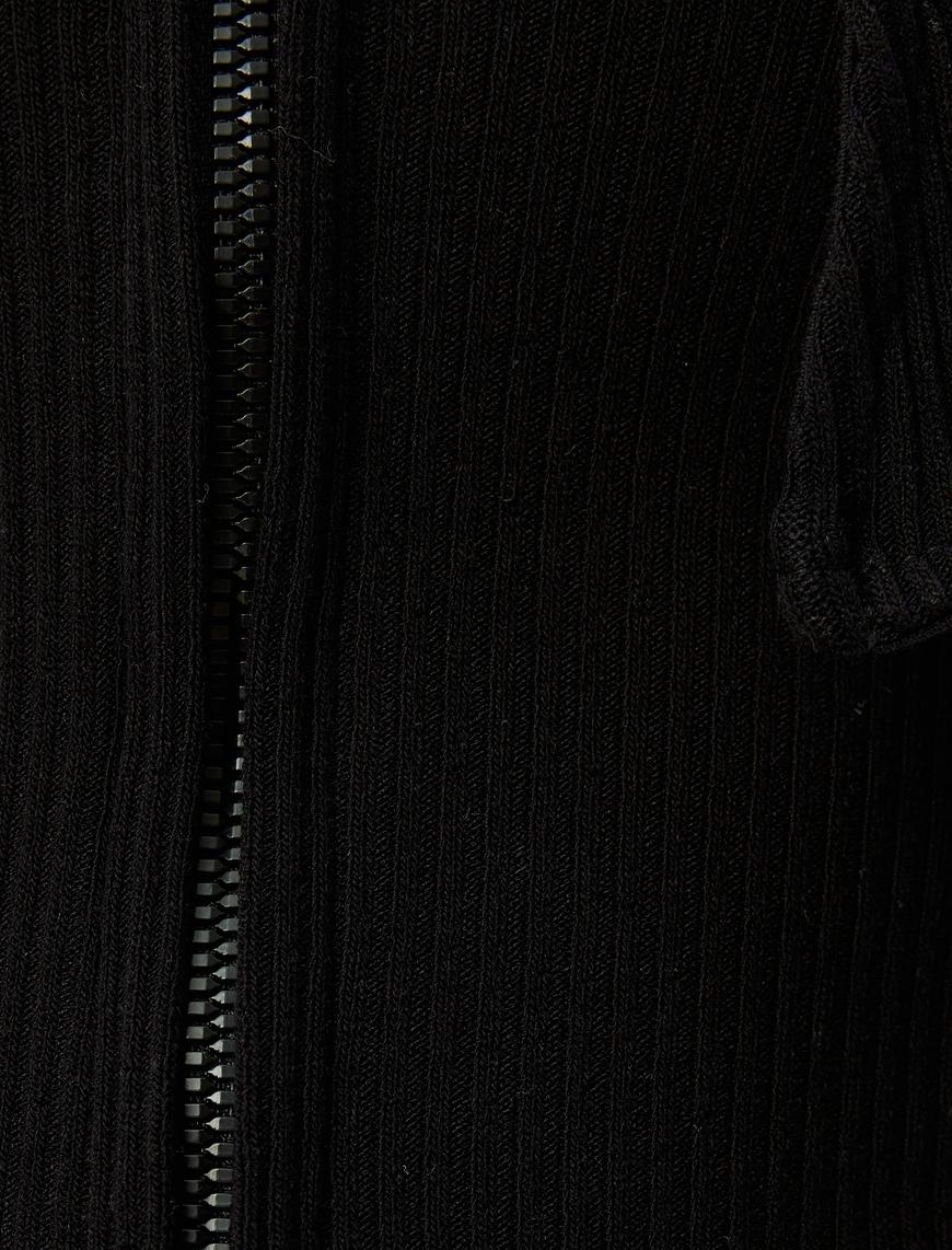   Crop Tişört Uzun Kollu Fermuarlı Omzu Açık Slim Fit