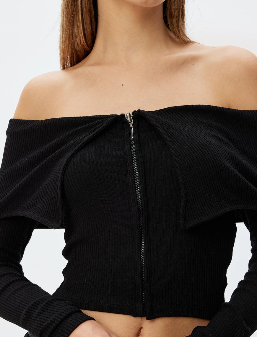   Crop Tişört Uzun Kollu Fermuarlı Omzu Açık Slim Fit