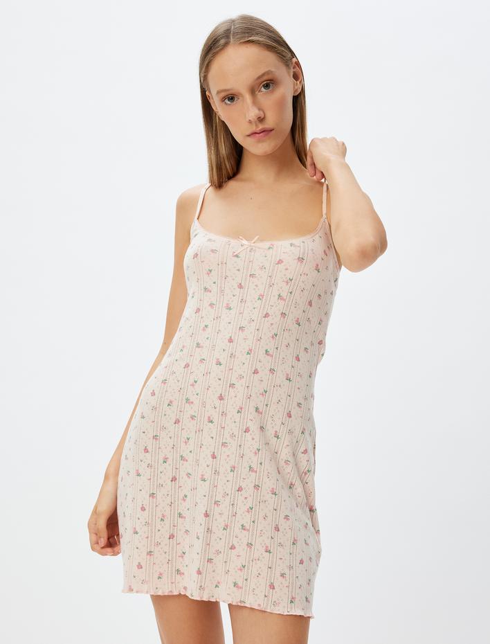  Çiçekli Askılı Gecelik Elbise Mini Boy Pamuklu Rahat Kalıp