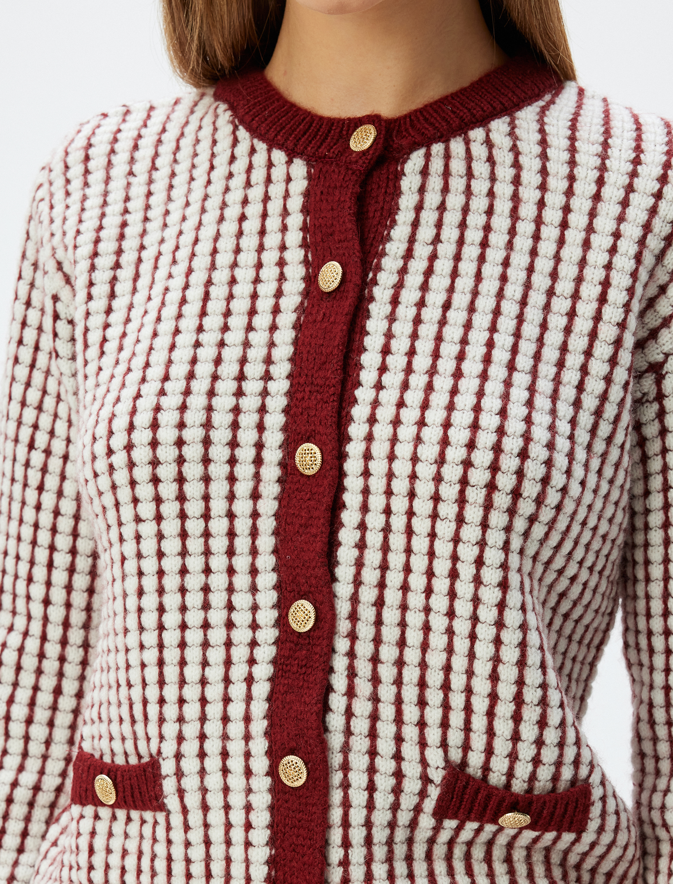   Triko Hırka Bisiklet Yaka Cep Detaylı Düğmeli Uzun Kollu