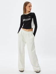 Crop Tişört Uzun Kollu Slogan Baskılı Renk Bloklu Bisiklet Yaka Slim Fit