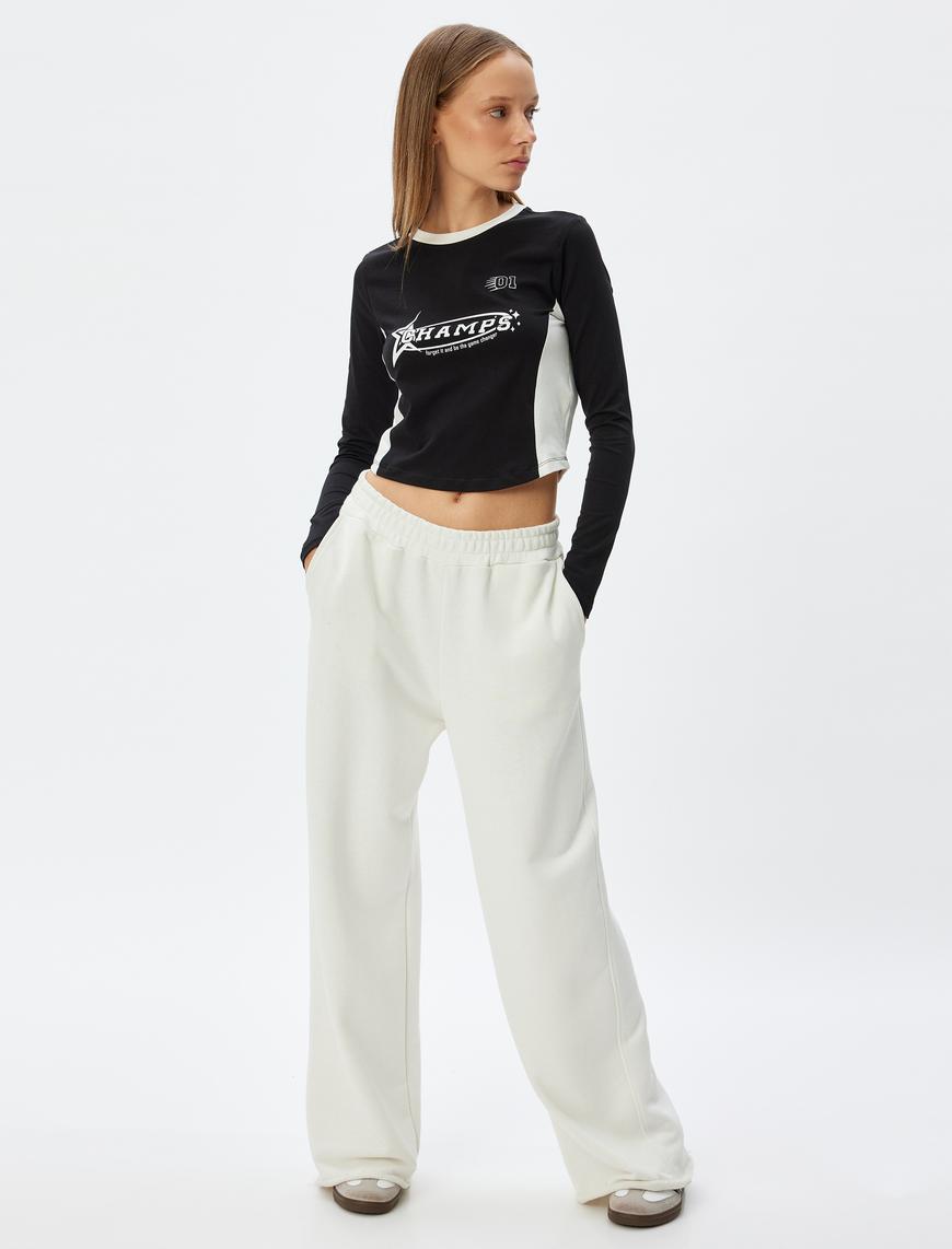   Crop Tişört Uzun Kollu Slogan Baskılı Renk Bloklu Bisiklet Yaka Slim Fit