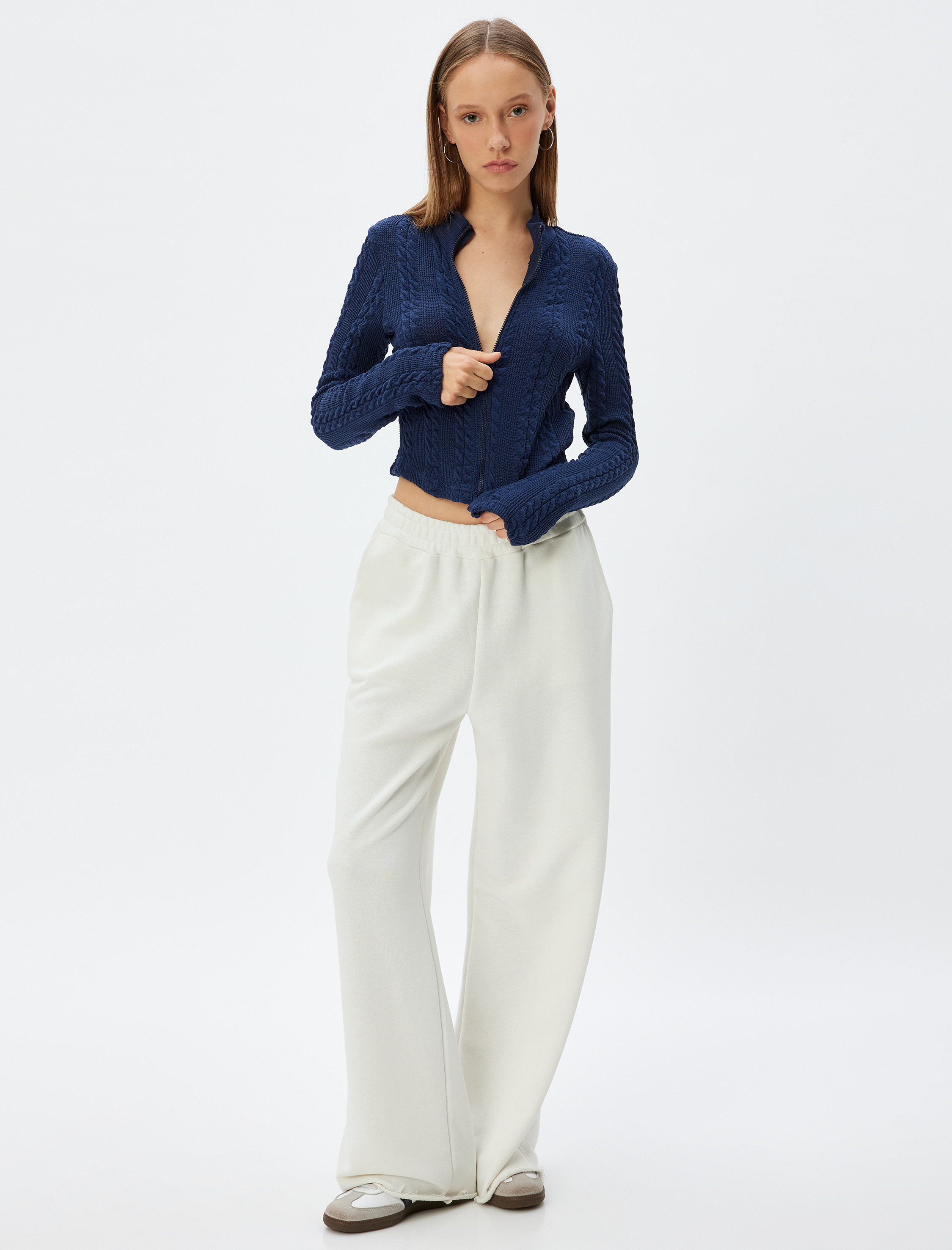   Fermuarlı Hırka Saç Örgü Dokulu Dik Yaka Slim Fit