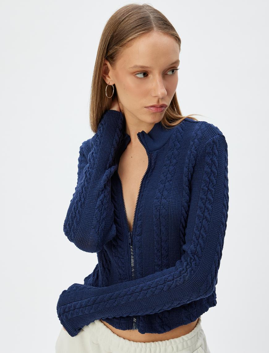   Fermuarlı Hırka Saç Örgü Dokulu Dik Yaka Slim Fit