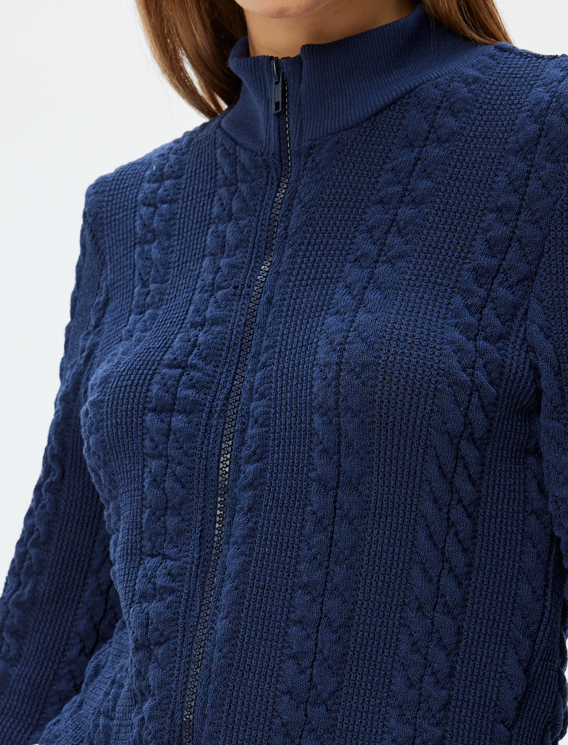   Fermuarlı Hırka Saç Örgü Dokulu Dik Yaka Slim Fit